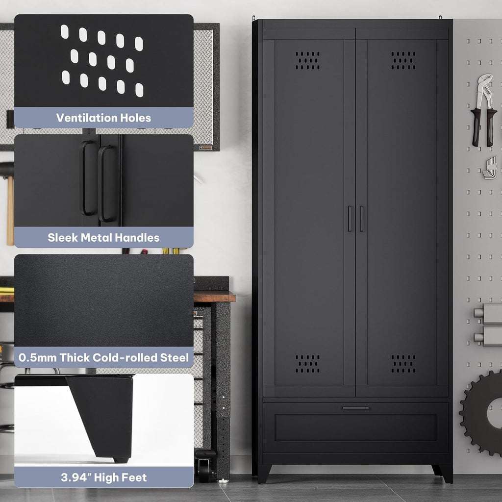YITAHOME 71' Metal Garage Broom Cabinets with Adjustable Shelves, Vacuum Storage Cabinet with Doors and Drawer, Tool Storage Cabinet for Gym, Basement, Warehouse, Black, Metal