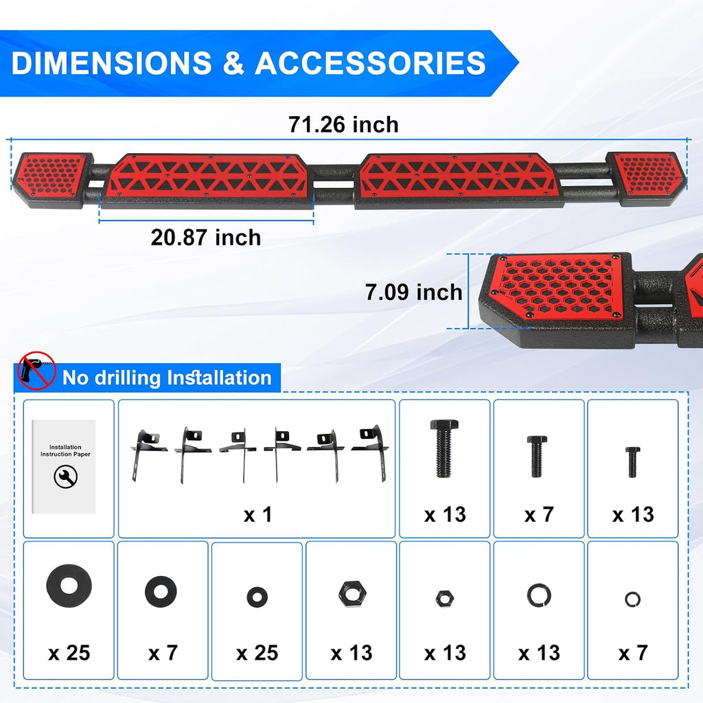 Red Running Boards fit for Jeep Wrangler JL 2018-2026 | side steps for JL 4 door 7 inch red panel step bars rock rails steps rock sliders estribos para