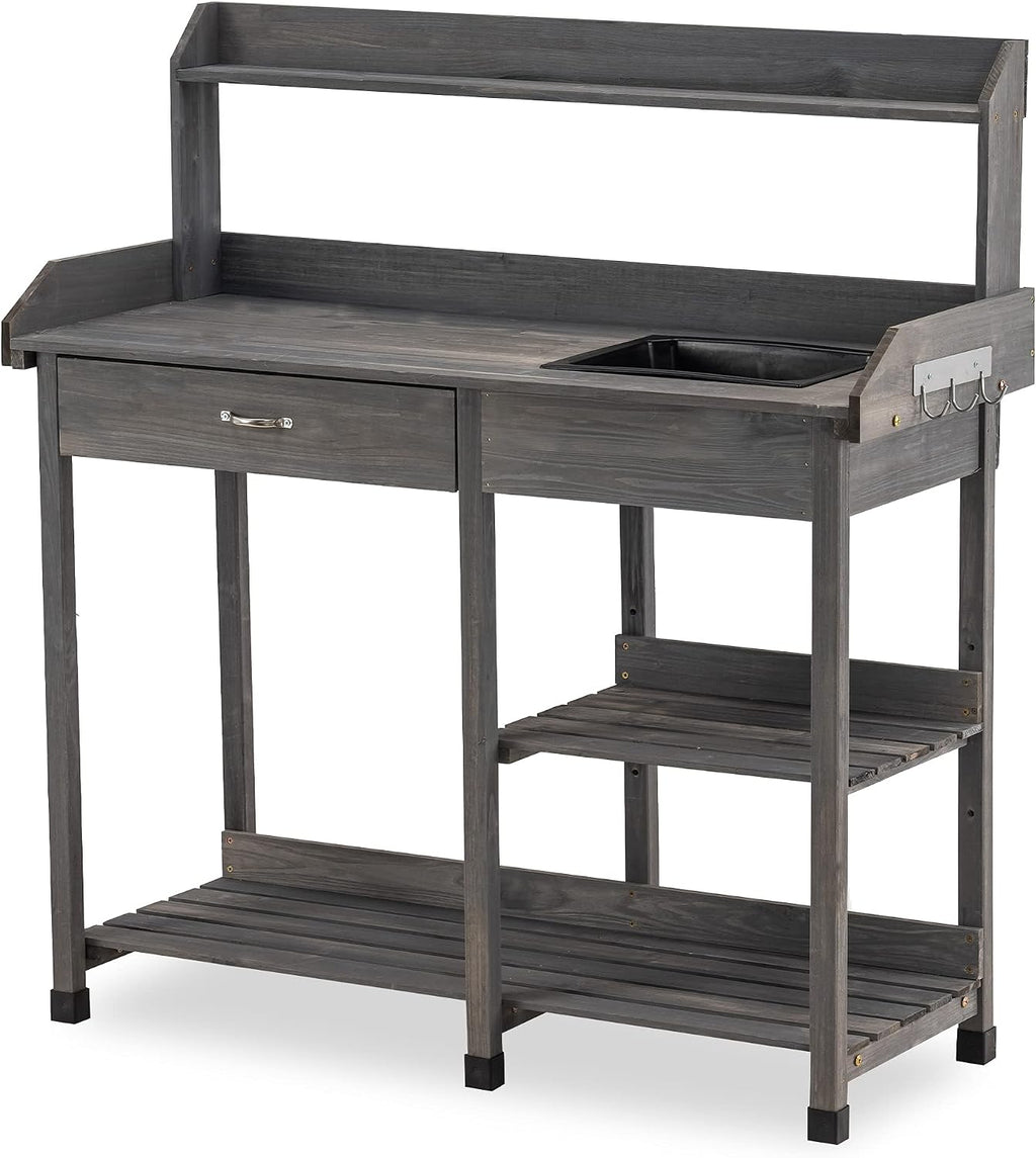 MCombo Potting Bench, Outdoor Garden Potting Table with Dry Sink, Drawer, Storage Shelves, Natural Wooden Work Station for Patio, Backyard and Porch 0458 (Grey)