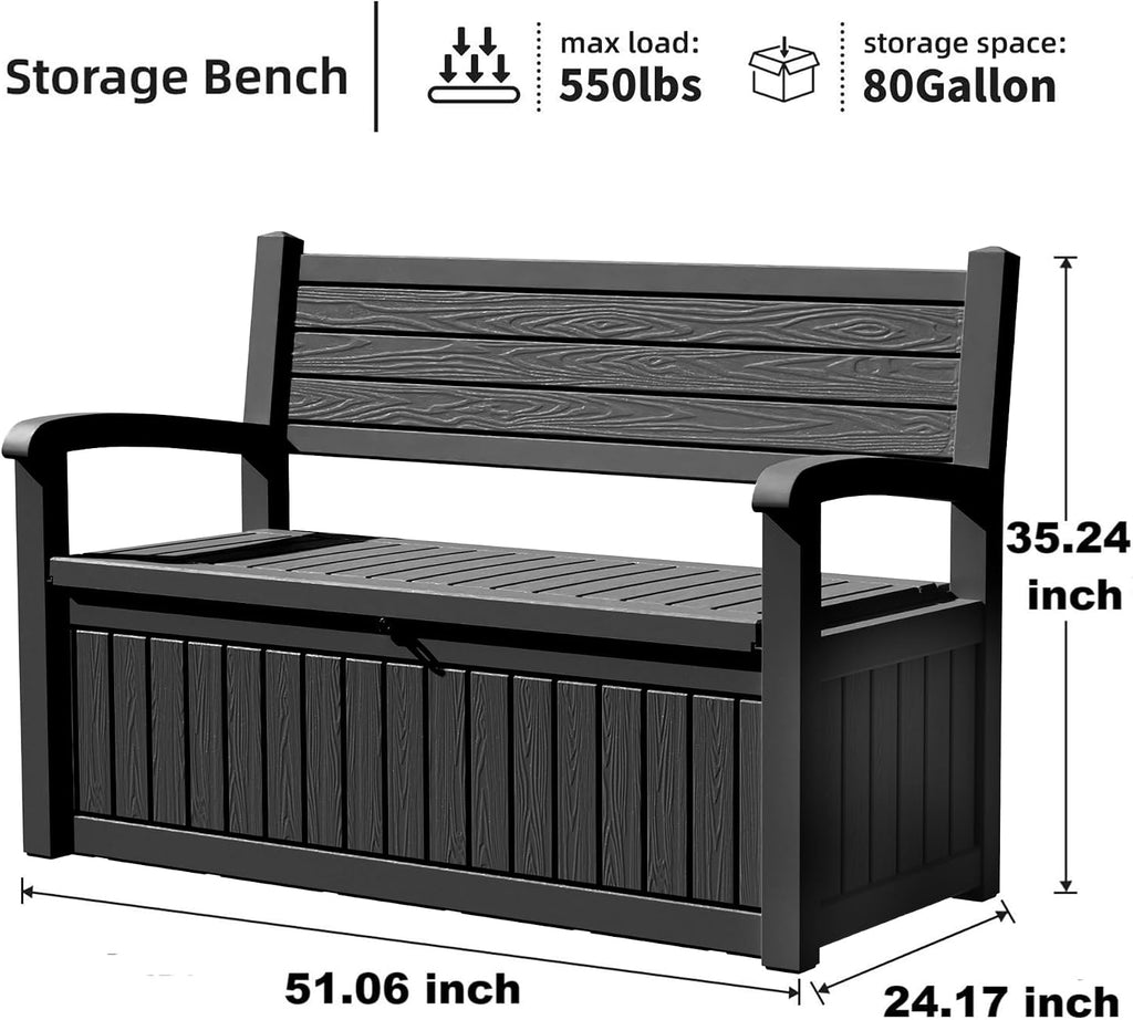PatioZen 80 Gallon Outdoor Storage Bench Deck Box Waterproof Lockable,Outdoor Storage Furniture for Patio,Garden and Porch,Tools and Cushions（ Black Stripe）