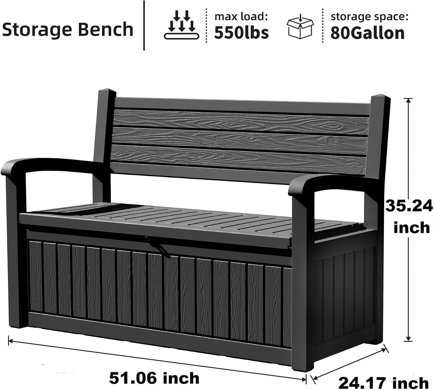 PatioZen 80 Gallon Outdoor Storage Bench Deck Box Waterproof Lockable,Outdoor Storage Furniture for Patio,Garden and Porch,Tools and Cushions（ Black Stripe）