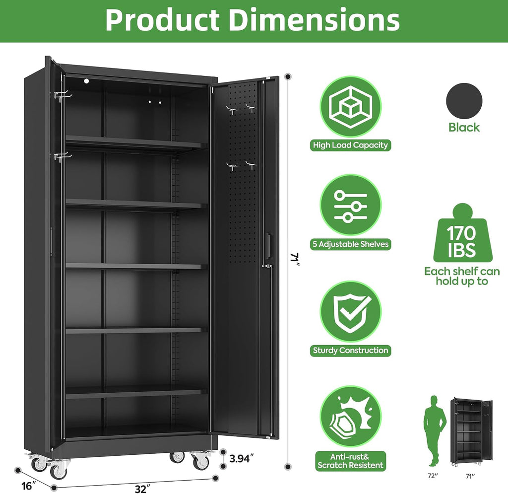 Reemoon 71' H Garage Storage Cabinets with 5 Adjustable Shelves and Door Pegboard,Metal Storage Cabinets with Wheels for Garage Home,Required Assembly,Black