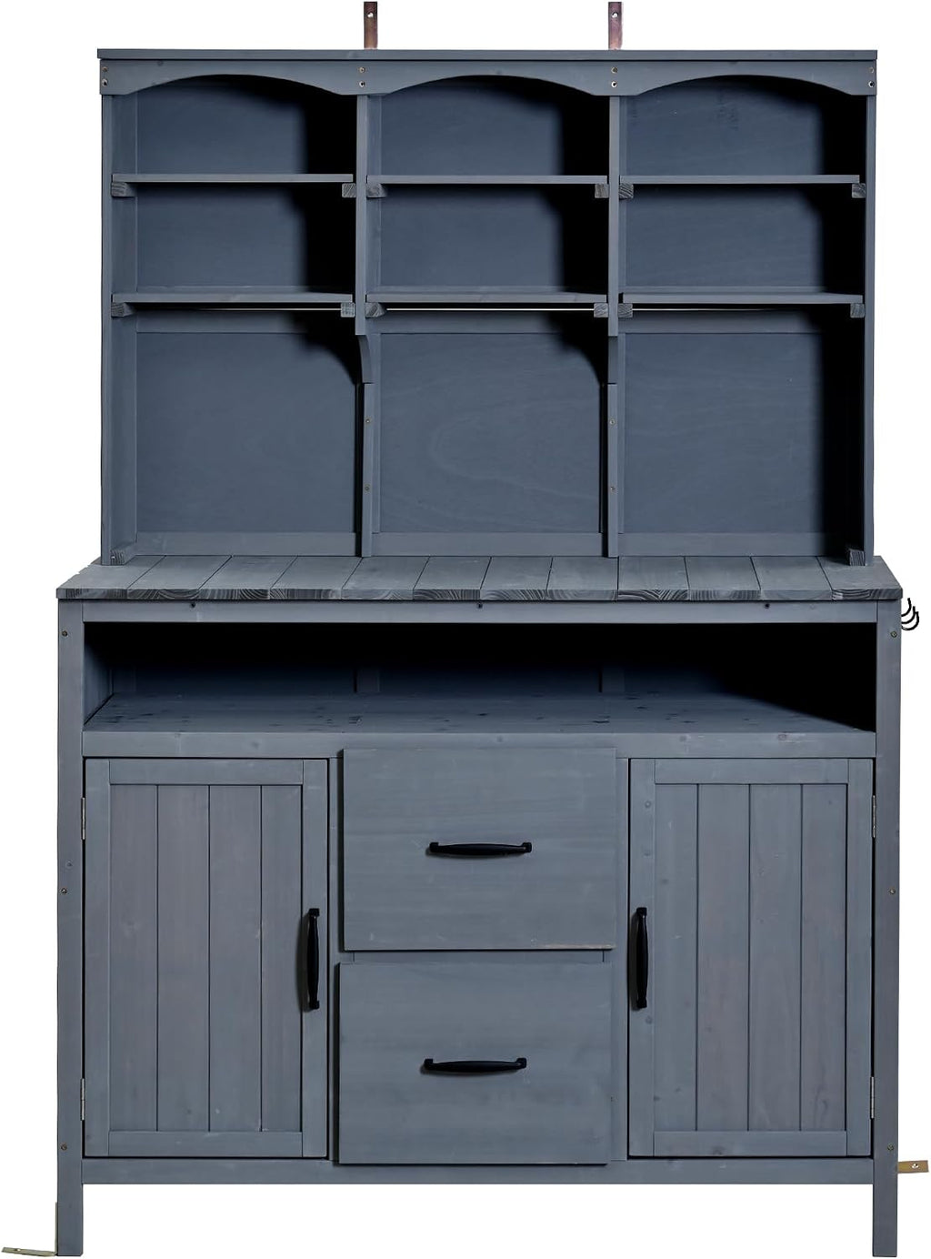 45.3''L Large Fir Wood Potting Bench, Counter Height Outdoor Patio Kitchen Island with Large Countertop, Hutch, Cabinets, Drawers & Hooks, Adjustable Shelf, Wavy Decoration Roof (Gray/103)