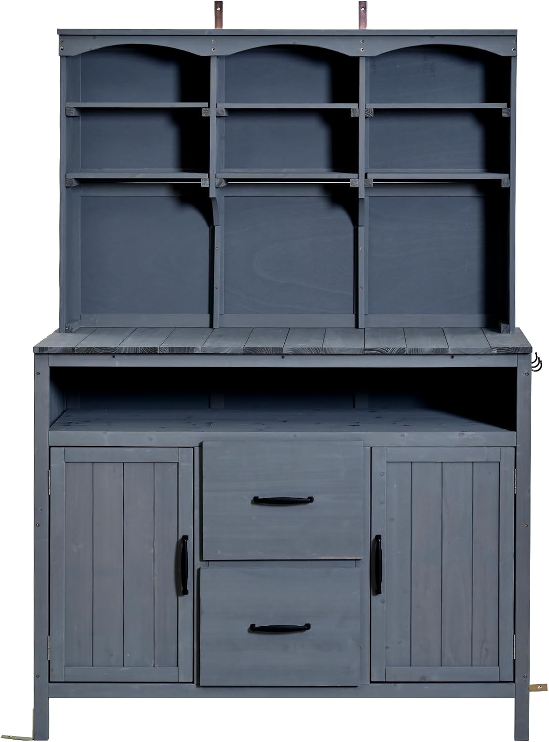 45.3''L Large Fir Wood Potting Bench, Counter Height Outdoor Patio Kitchen Island with Large Countertop, Hutch, Cabinets, Drawers & Hooks, Adjustable Shelf, Wavy Decoration Roof (Gray/103)
