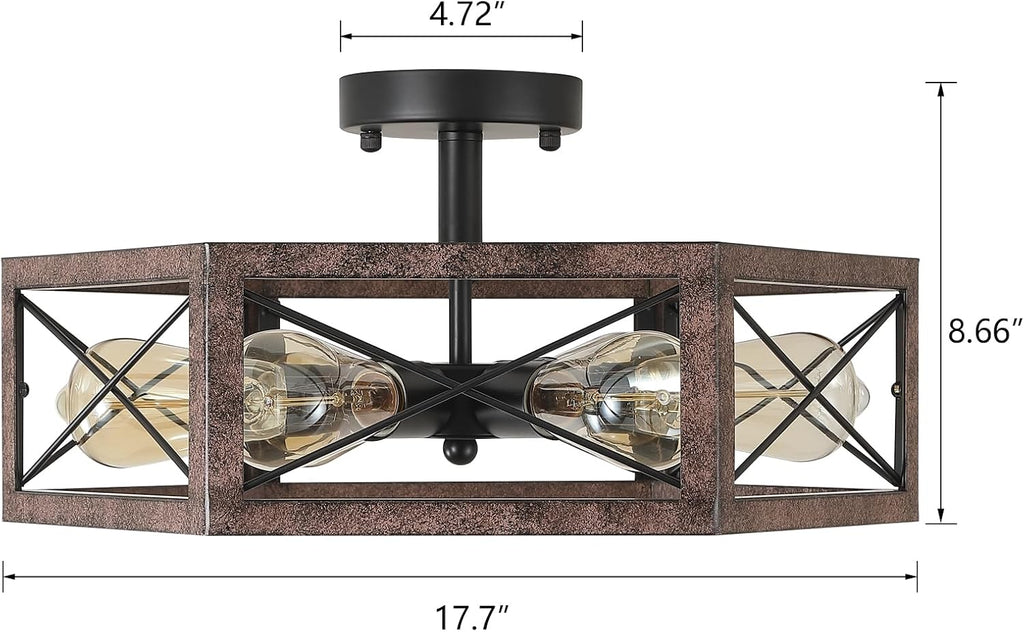 6-Light Large Rustic Farmhouse Metal Flush Mount Ceiling Light Fixture 18 inch Antique Oak Hexagon Cage Semi Flush Mount Ceiling Light for Hallway Entry Dining Farmhouse Bedroom Living Room, Black