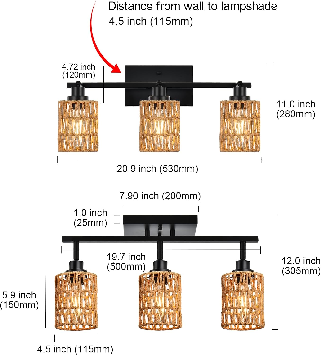 MELUCEE 3 Light Track Lighting Fixtures Ceiling, Black Farmhouse Vanity Lighting Fixtures with Rotatable Light Head for Hallway Porch Foyer Bath Storage, Rattan Lamp Shade