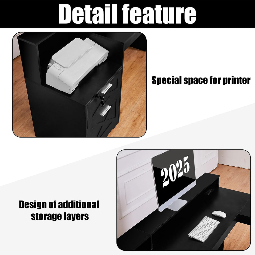 60' L Shaped Executive Desk with Printer Space,Corner Computer Desk with Power Outlets,Lockable Drawers & Adjustable File Cabnet,L Shaped Office Desk with Monitor Stand (Black)