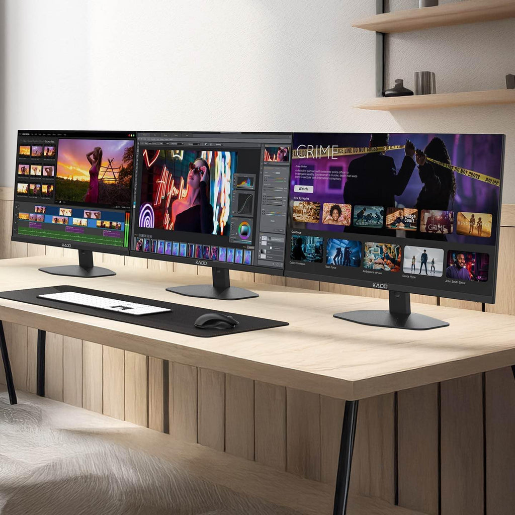 Kado Triple Monitor Setup - 3-Pack 27' 1920x1080 Computer Monitor 75Hz VESA Mount HDMI Office Gaming Hybrid Built-in Speakers (E27 Trio Series)
