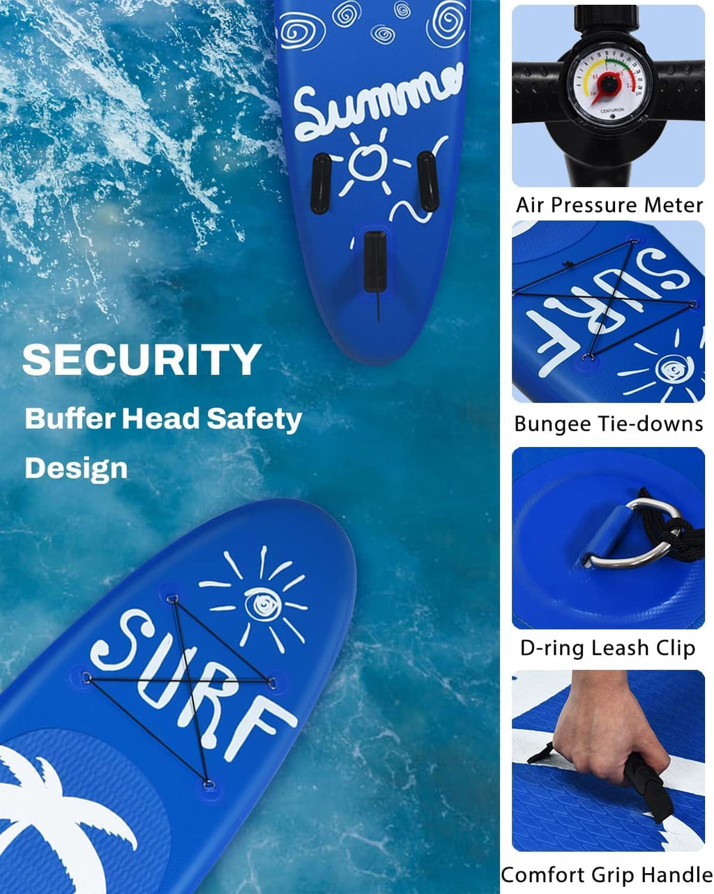 MEDIMALL 117'' x 30'' x 6'' SURF Pattern Inflatable Upright Paddle Board, Lightweight, with SUP Accessories, Detachable Fins, Paddle Board, Pump, Belt, and Handbag, Suitable for Adults and Teenagers