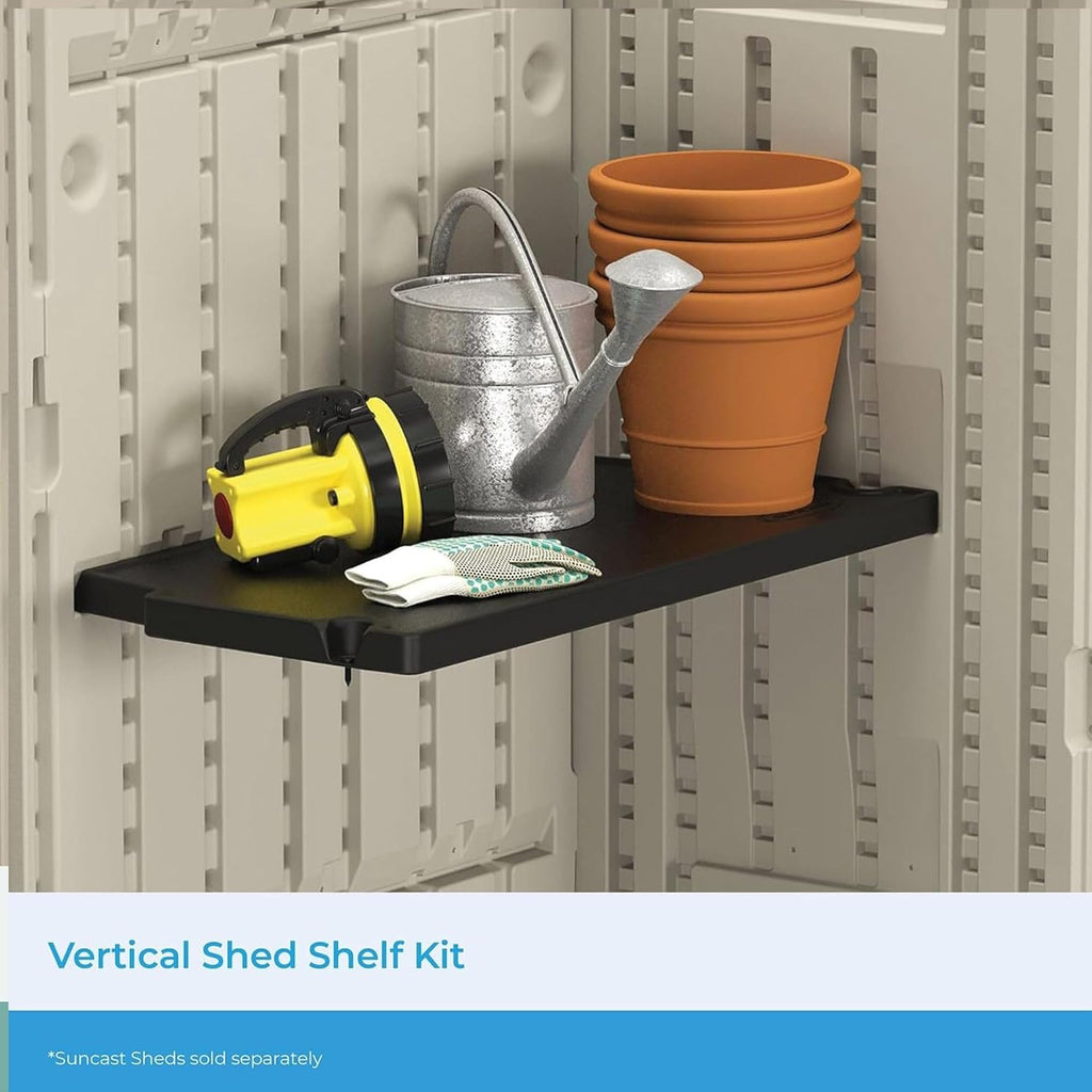 Suncast 4 Pack Vertical Shed Shelf Kit, Space Saving Shelving for Wall Mount Outdoor Storage Structures, 27.75' W x 14.5' D x 1.25' H, Black