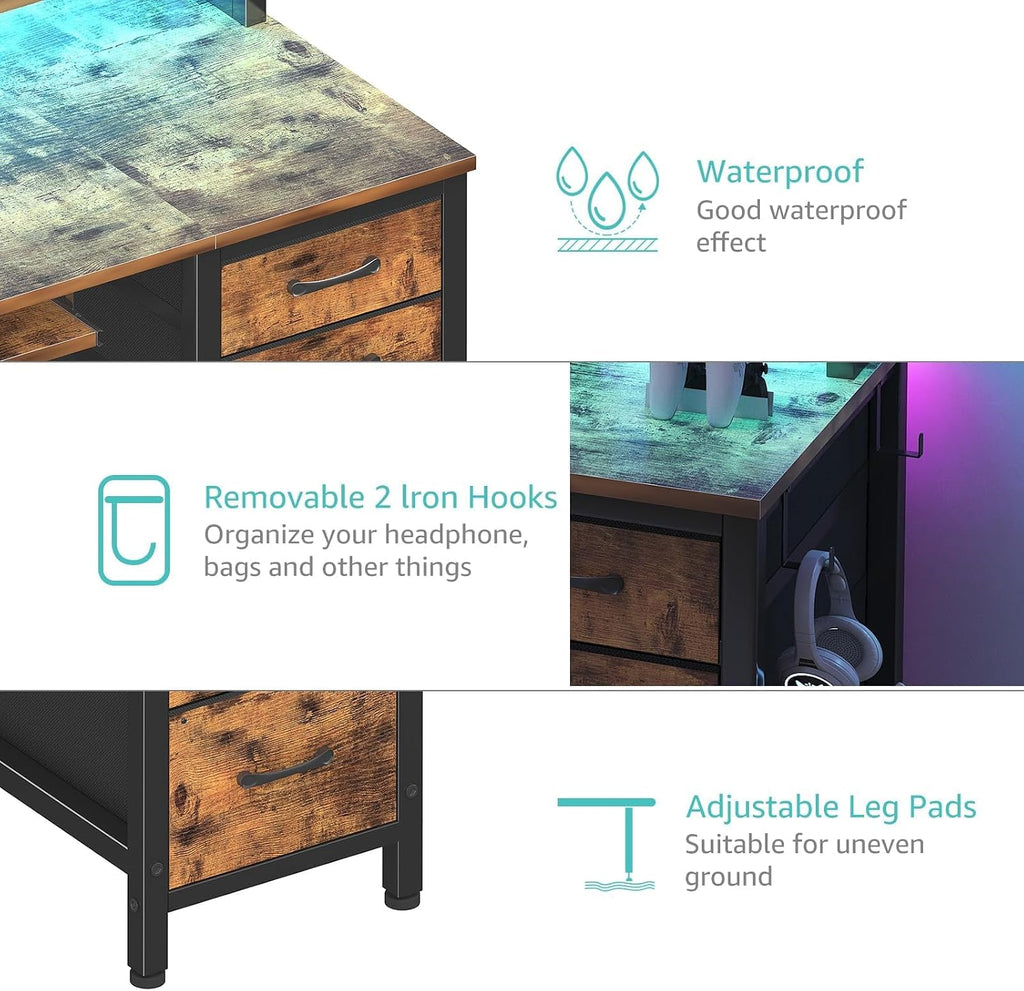 Lufeiya Gaming Desk with LED Lights and Power Outlets, 47 Inch Home Office Desks with Keyboard Tray, Computer Desk with File Drawers Cabinet, Writing Table PC Desks with Monitor Stand, Rustic Brown