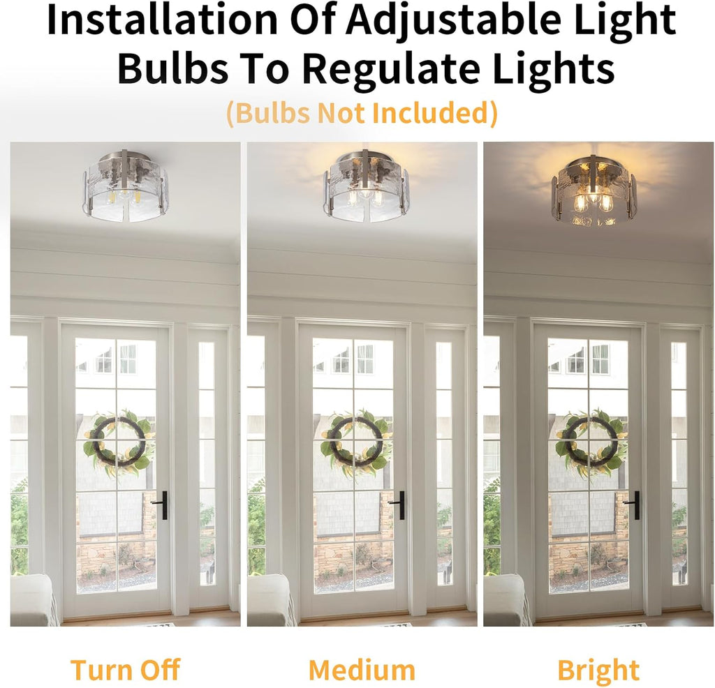 Nickel Semi Flush Mount Ceiling Light Fixture, 14-Inch Glass Drum Flush Mount Light Modern Foyer Lighting Fixtures Farmhouse Kitchen Lights for Entryway Hallway Bathroom Laundry Room Bedroom