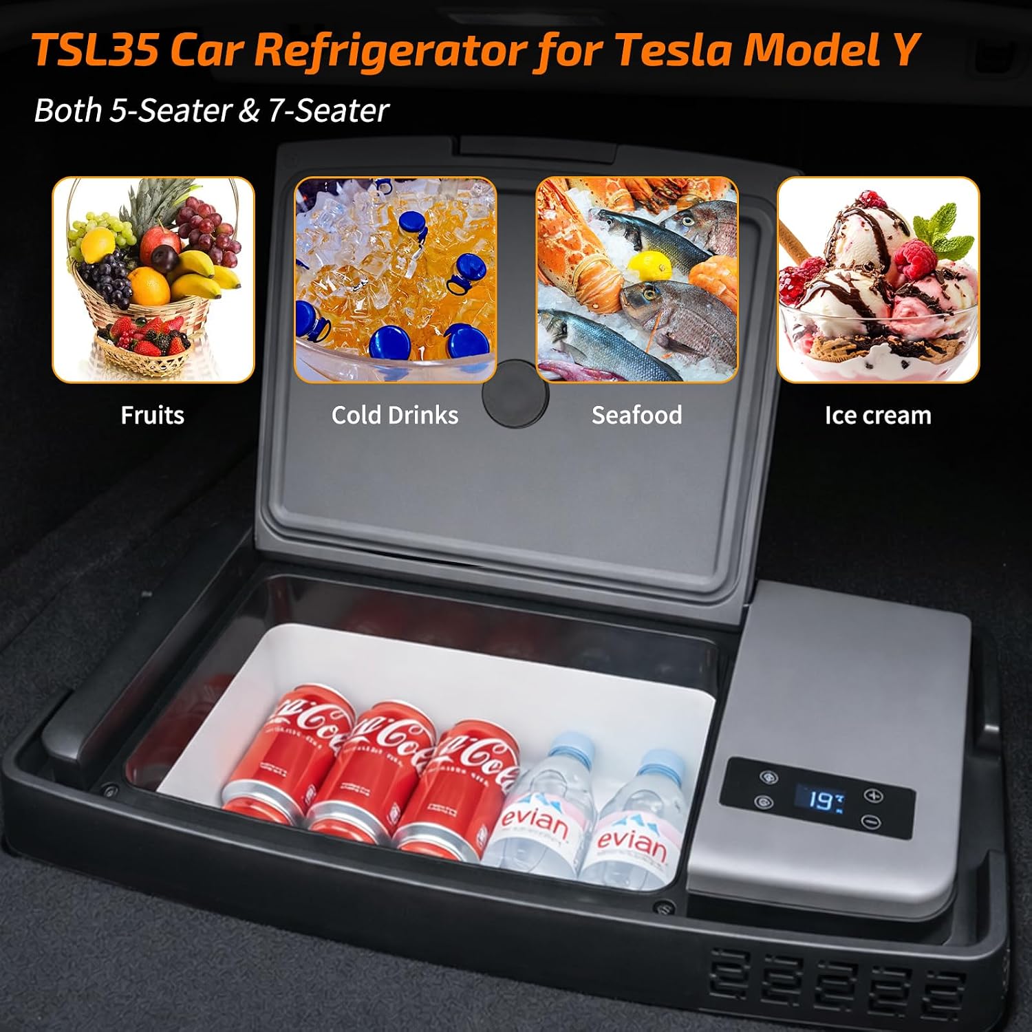 Car Refrigerator for Tesla Model Y, 37QT (35L) 12V Portable Freezer, -4℉~68℉ Trunk Fridge with APP Control, Low Noise & Energy Saving, Camping Road Trip Tailgating, 12/24V DC & 110-240V AC (Grey)