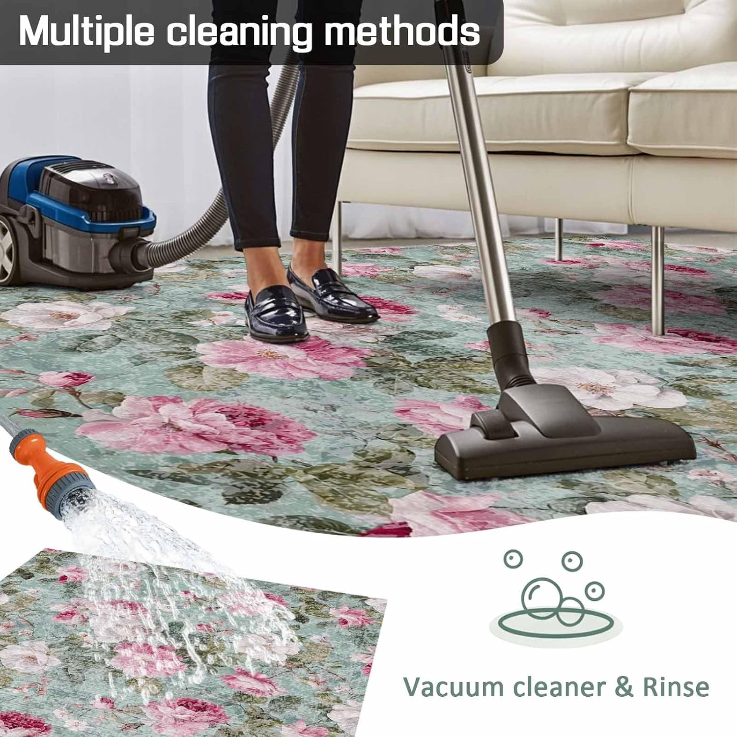 Vintage Spring Floral Outdoor Rug for Patio/Deck/Porch, Non-Slip Large Area Rug 6 x 9 Ft, Botanical Summer Pink Green Indoor Outdoor Rugs Washable Area Rugs, Reversible Camping Rug Carpet Runner