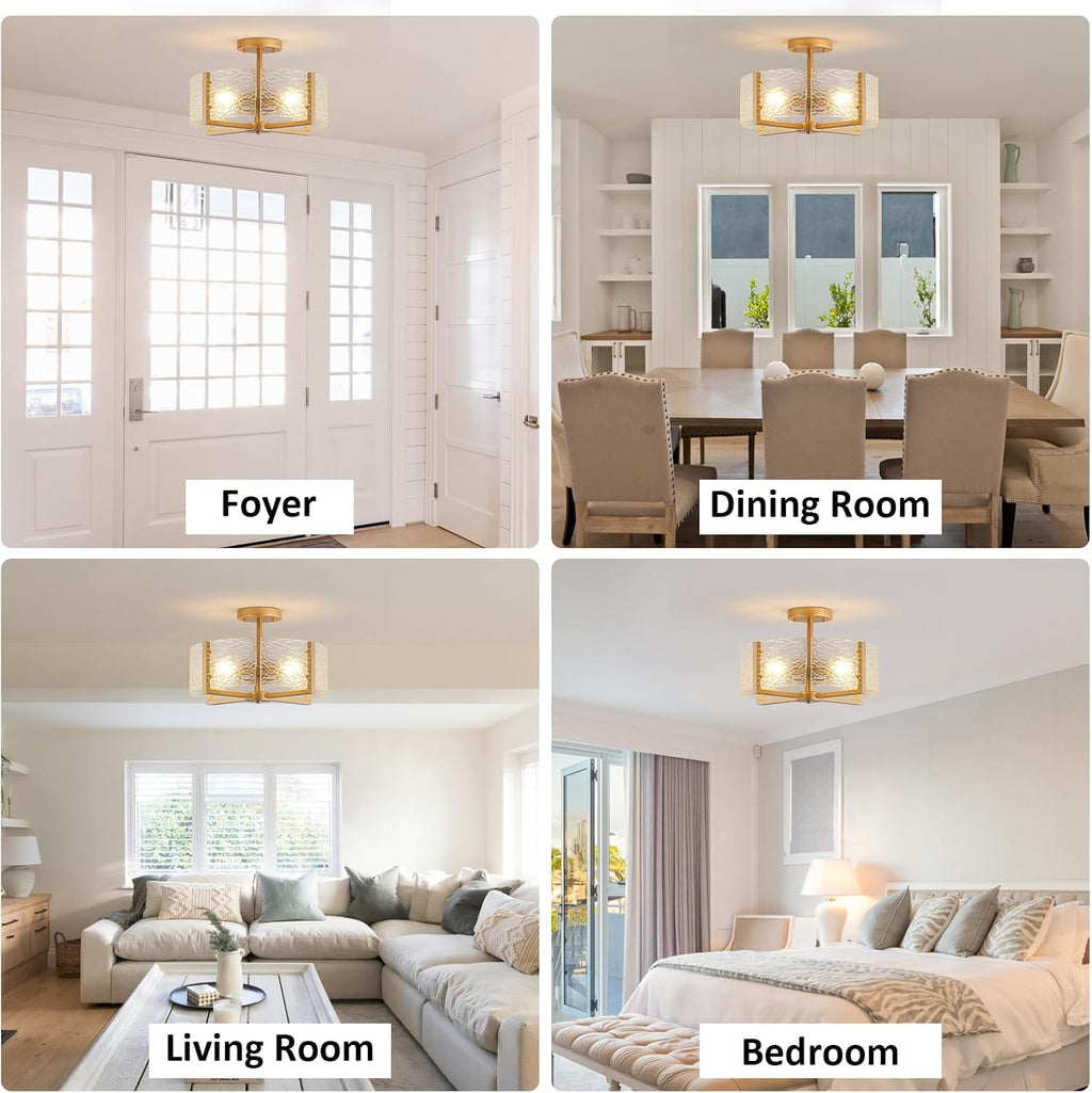 18 inch Large Gold Semi Flush Mount Drum Ceiling Light Fixture, 4-Light Glass Close to Ceiling Lighting Fixtures for Bedroom Hallway Kitchen Foyer Bathroom Closet Entryway Laundry Room