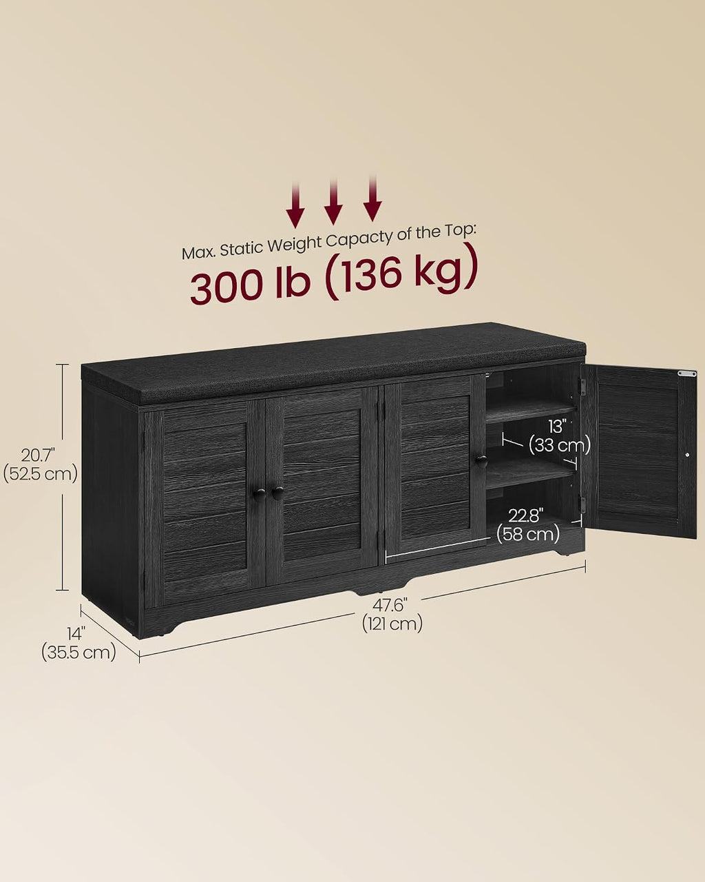 VASAGLE Shoe Storage Bench with Cushion, 3-Tier Entryway Bench with Padded Seat, Doors, Adjustable Shelves, 14 x 47.6 x 20.7 Inches, for Hallway, Bedroom, Charcoal Gray and Ink Black ULSB048BA01