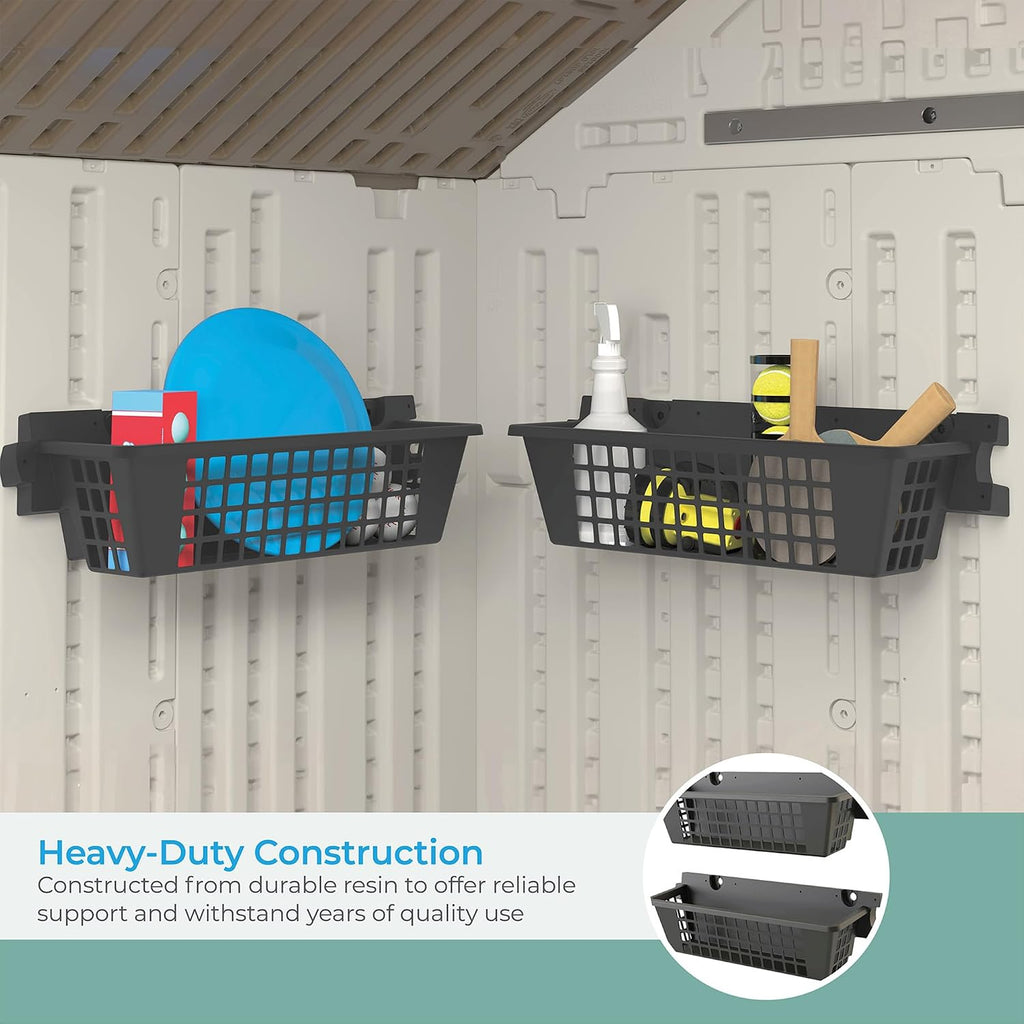 Suncast 6 Pack Accessory Baskets, Resin Organizers for Shed, Black, 25' x 7.25' x 7' - Outdoor Storage, 30 lb Weight Capacity, EZ Bolt Wall-Mount