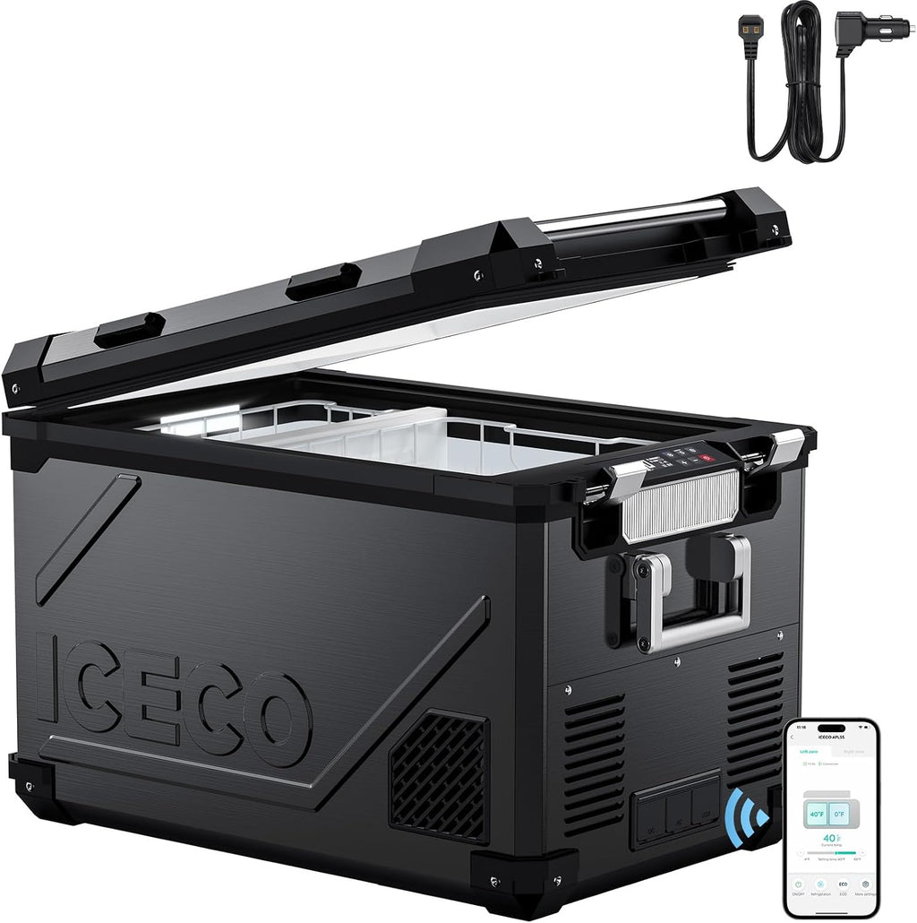 ICECO APL55 Dual Zone Portable Freezer, 58Qt 12V Refrigerator with SECOP Compressor, -4℉~68℉, APP Control Portable Refrigerator, Car Fridge portable For Truck RV Van SUV, DC&AC |Black+DC Cord
