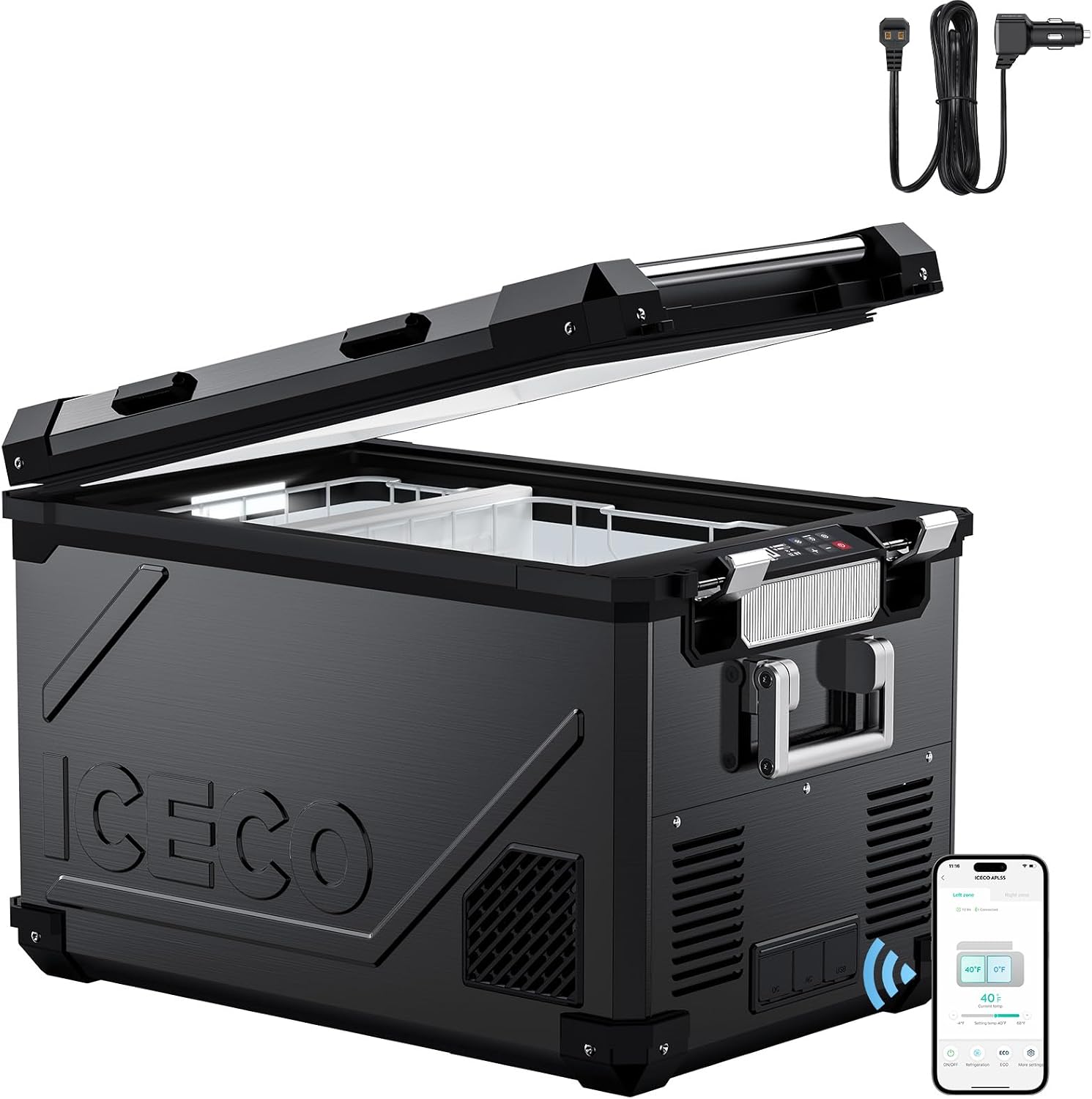 ICECO APL55 Dual Zone Portable Freezer, 58Qt 12V Refrigerator with SECOP Compressor, -4℉~68℉, APP Control Portable Refrigerator, Car Fridge portable For Truck RV Van SUV, DC&AC |Black+DC Cord