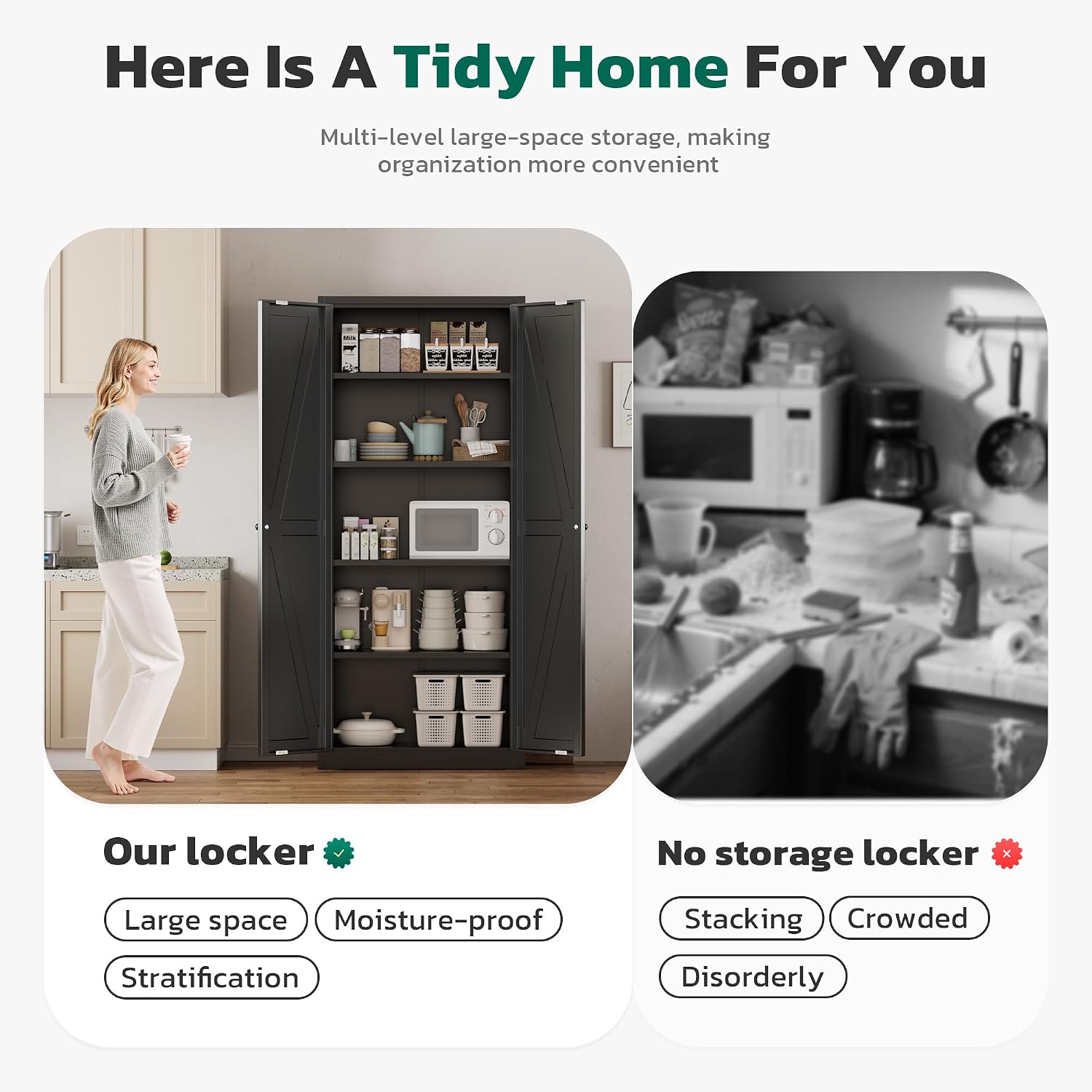 Greenvelly Metal Cabinet, 63' H Black Metal Storage Cabinet with Doors and 4 Shelves, Pantry Storage Cabinet for Kitchen, Bedroom, Living Room, Office (Farmhouse)