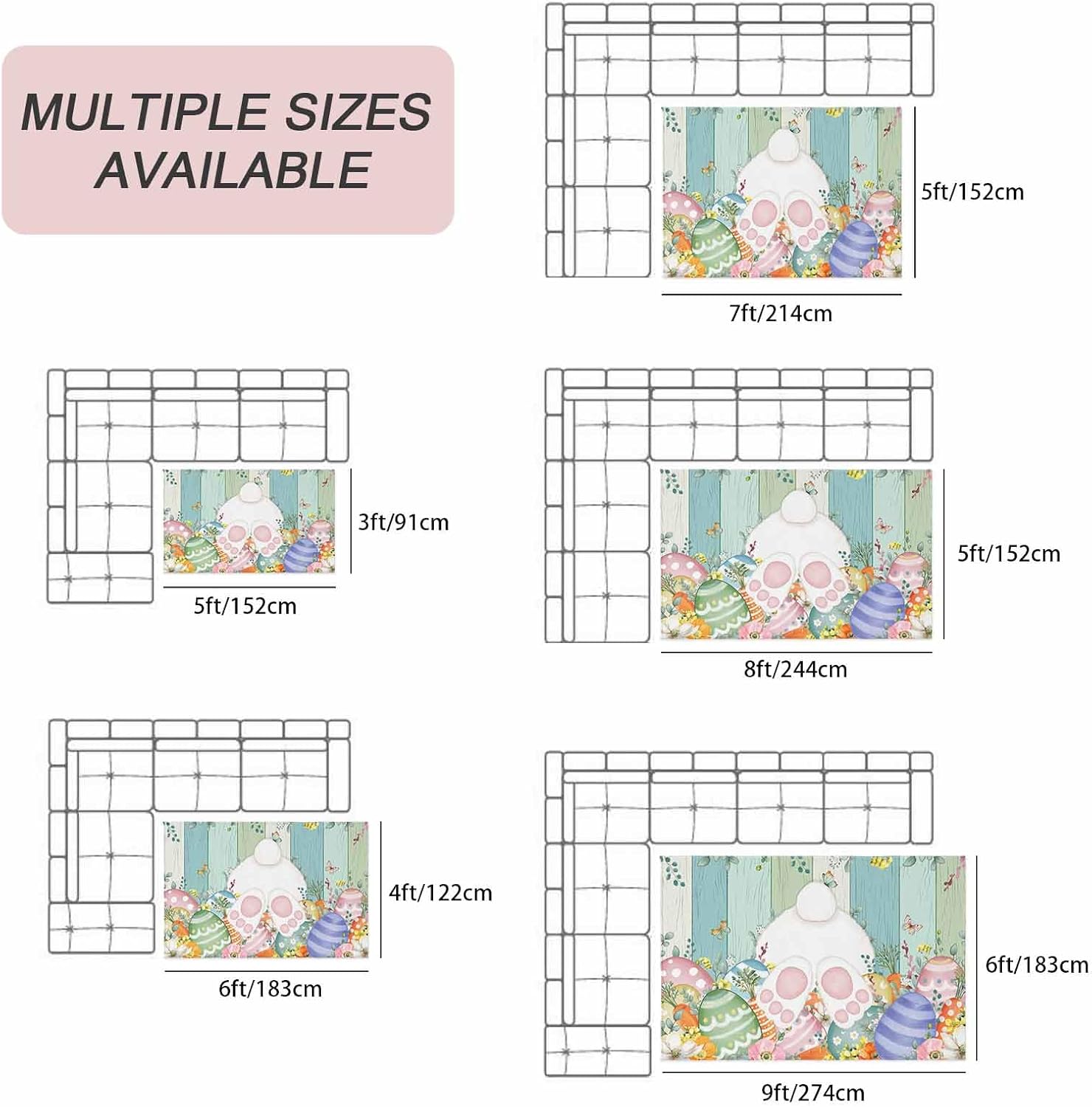 Cute Easter Bunny Outdoor Rug for Patio/Deck/Porch, Non-Slip Large Area Rug 6 x 9 Ft, Eucalyptus Leaves Colorful Eggs Wooden Indoor Outdoor Rugs Washable Area Rugs, Camping Rug Carpet Runner
