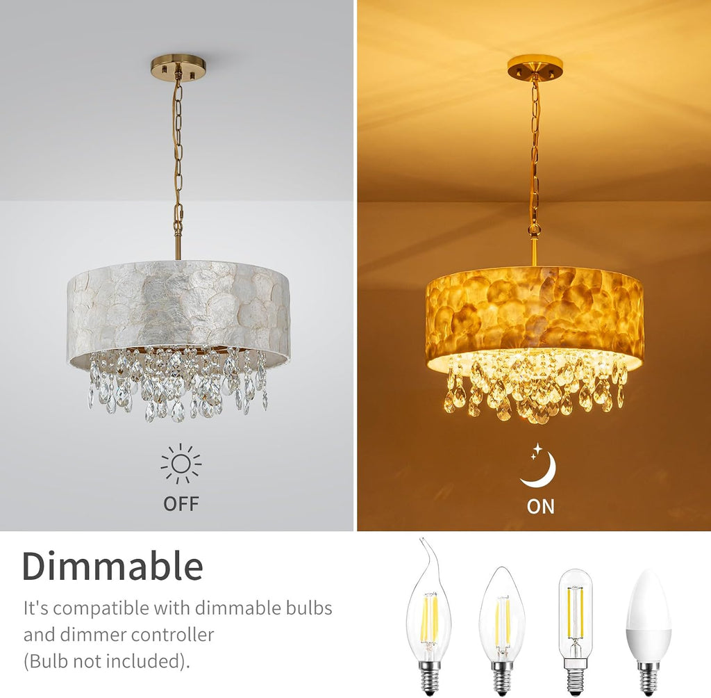 LumFurn D18in Drum Capiz Shell Crystal Chandeliers, 4-Light Coastal Style Light Fixture for Dining Room, Living Room, D18x21~68'(Adjustable), K9 Crystal, Shell Lampshade & Gold Finish