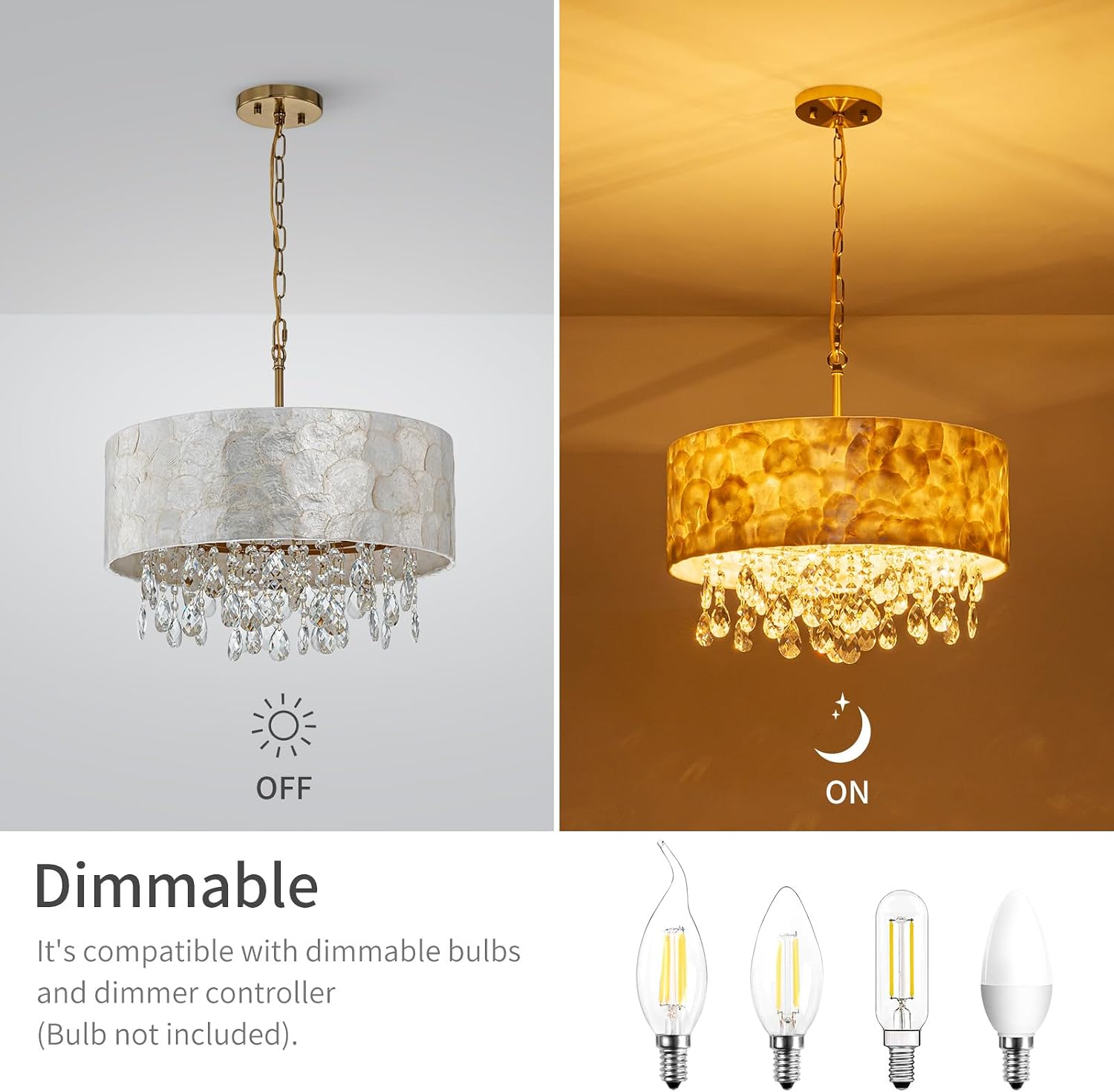LumFurn D18in Drum Capiz Shell Crystal Chandeliers, 4-Light Coastal Style Light Fixture for Dining Room, Living Room, D18x21~68'(Adjustable), K9 Crystal, Shell Lampshade & Gold Finish
