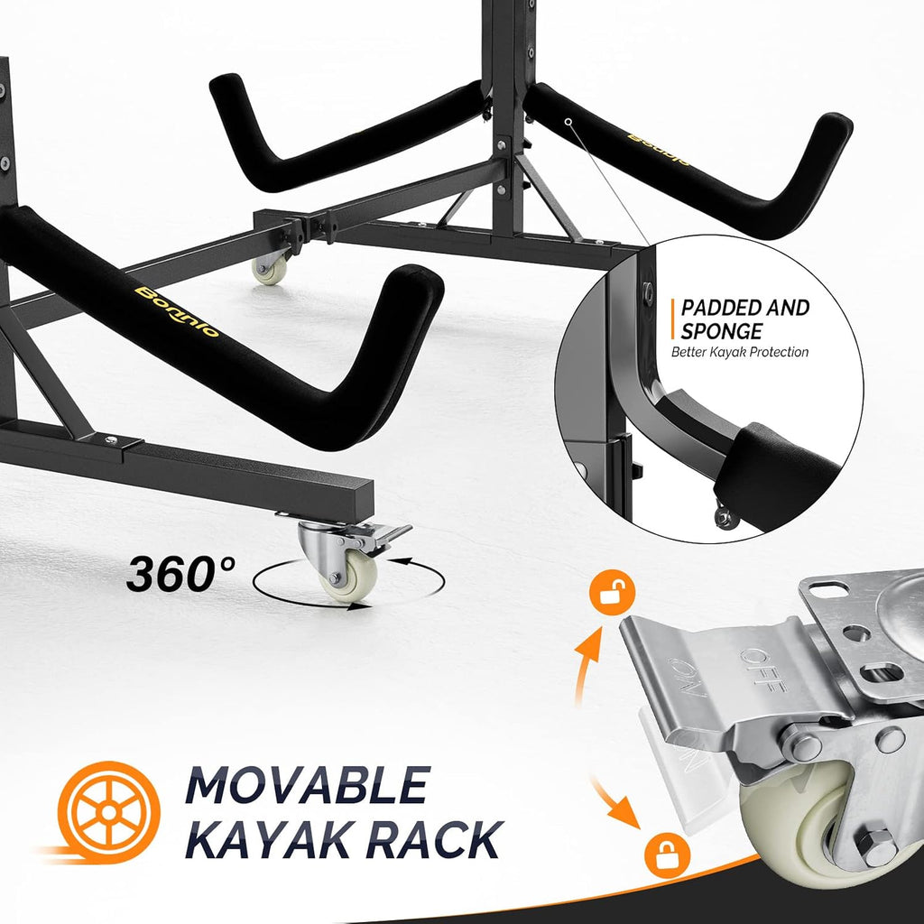 Bonnlo Kayak Stand Freestanding Storage Rack for Kayak Canoe Boat Paddle Board SUP Surfboard for Indoor Outdoor Garage, Shed, Dock with Lockable Wheels Wide Adjustable