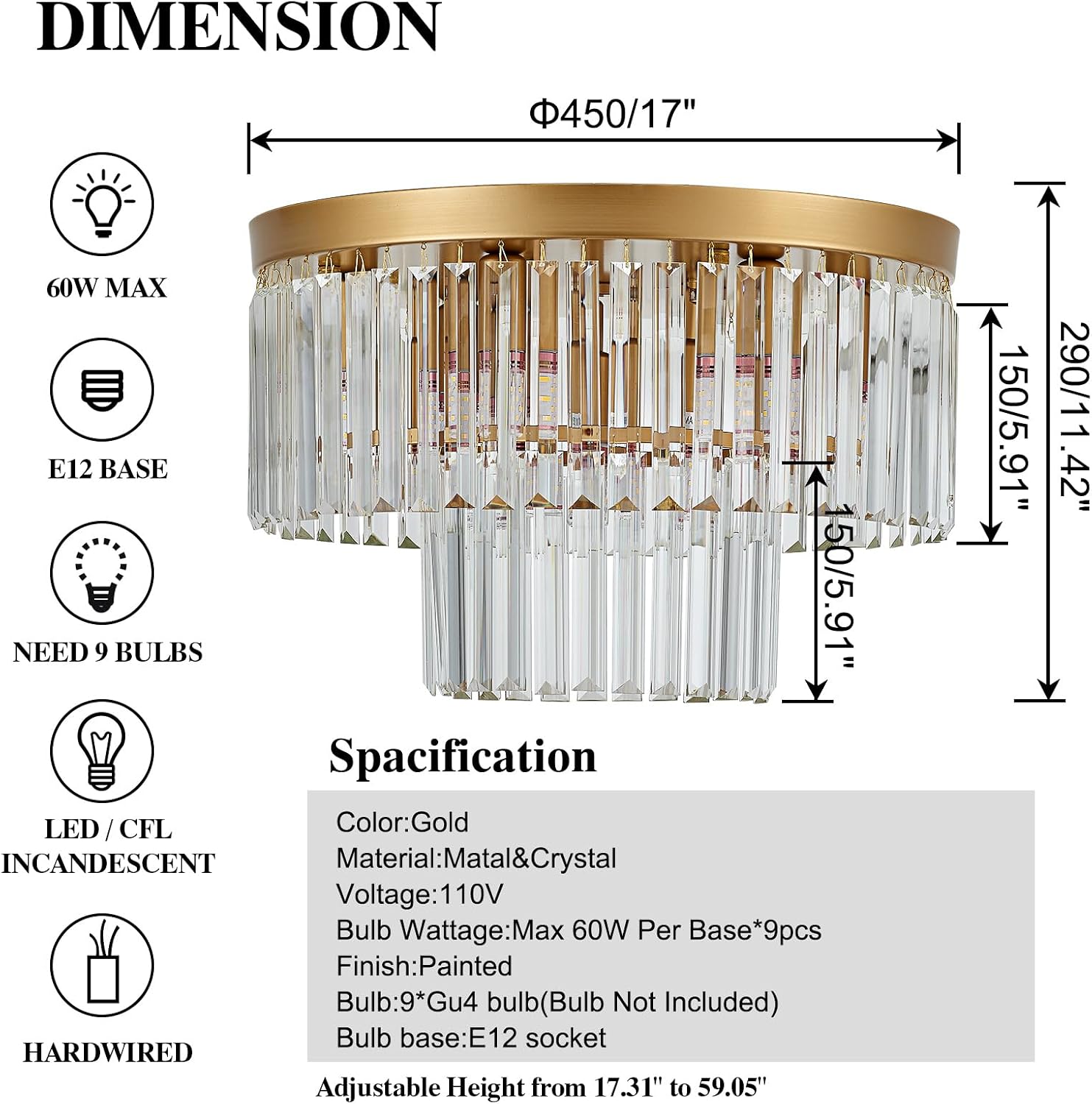 17' Gold Crystal Ceiling Light 9-Light Modern Crystal Light Fixture 2-Tier Luxury K9 Crystal Ceiling Light,for Dining Room Kitchen Island Living Room Bedroom