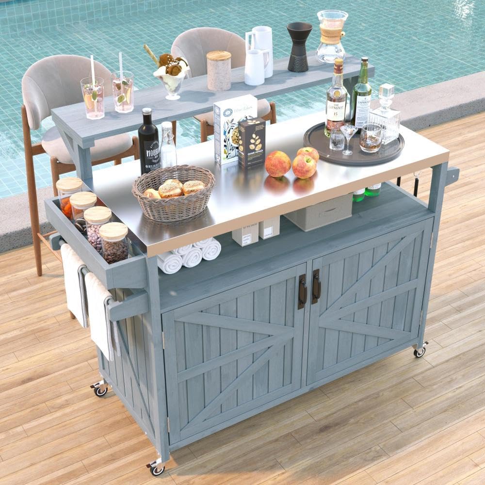 53.3' Outdoor Kitchen Island with Raised Shelf, Solid Wood Storage Cabinet with Stainless Steel Top, Outdoor Rolling Grill Cart with Internal Storage Rack, Adjustable Shelf, Spice Rack (Grey)