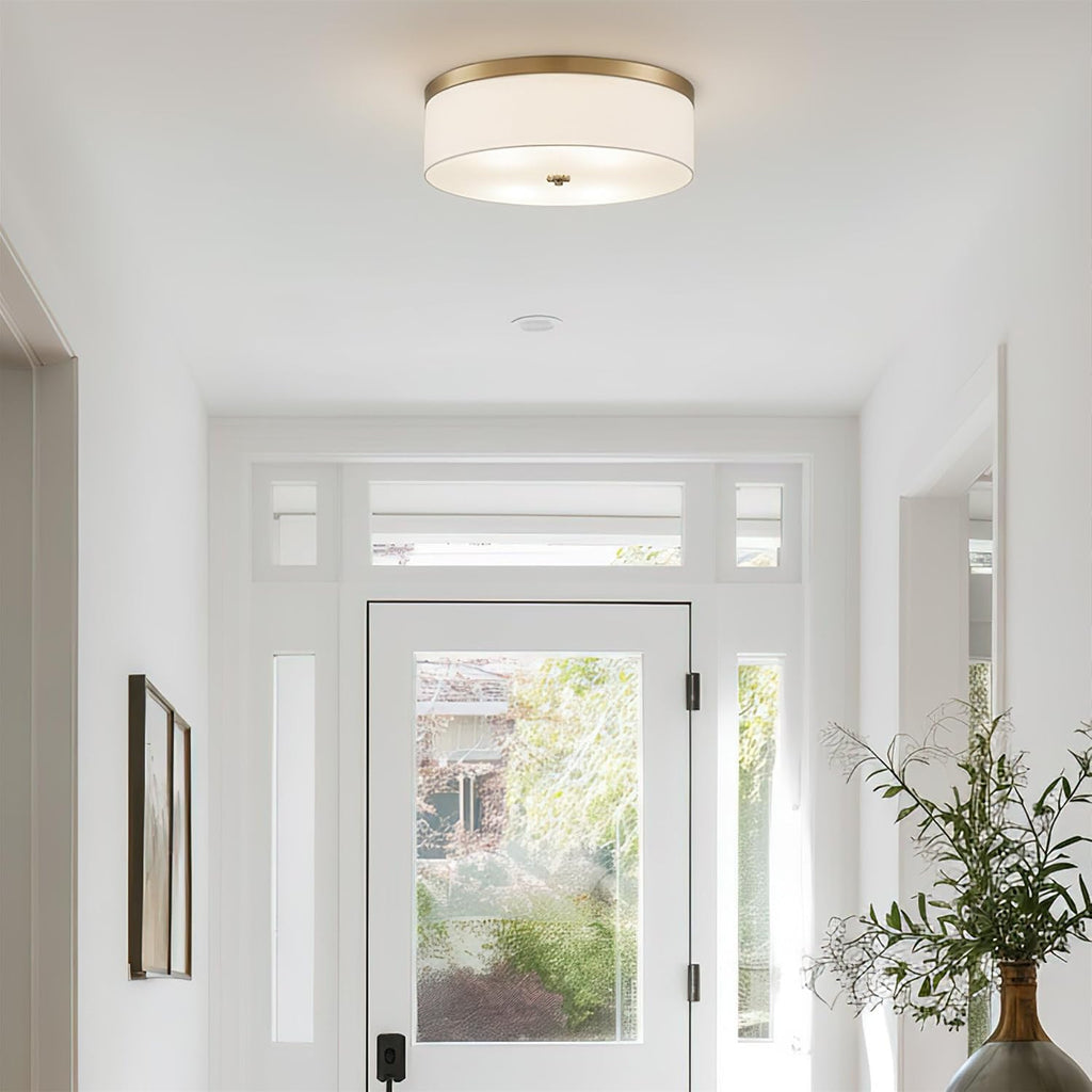 Kira Home Walker 20' Modern Drum Gold Flush Mount Ceiling Light, White Fabric Shade with Frosted Glass Diffuser, 3-Light Large Close to Ceiling Fixture, Cool Brass Finish