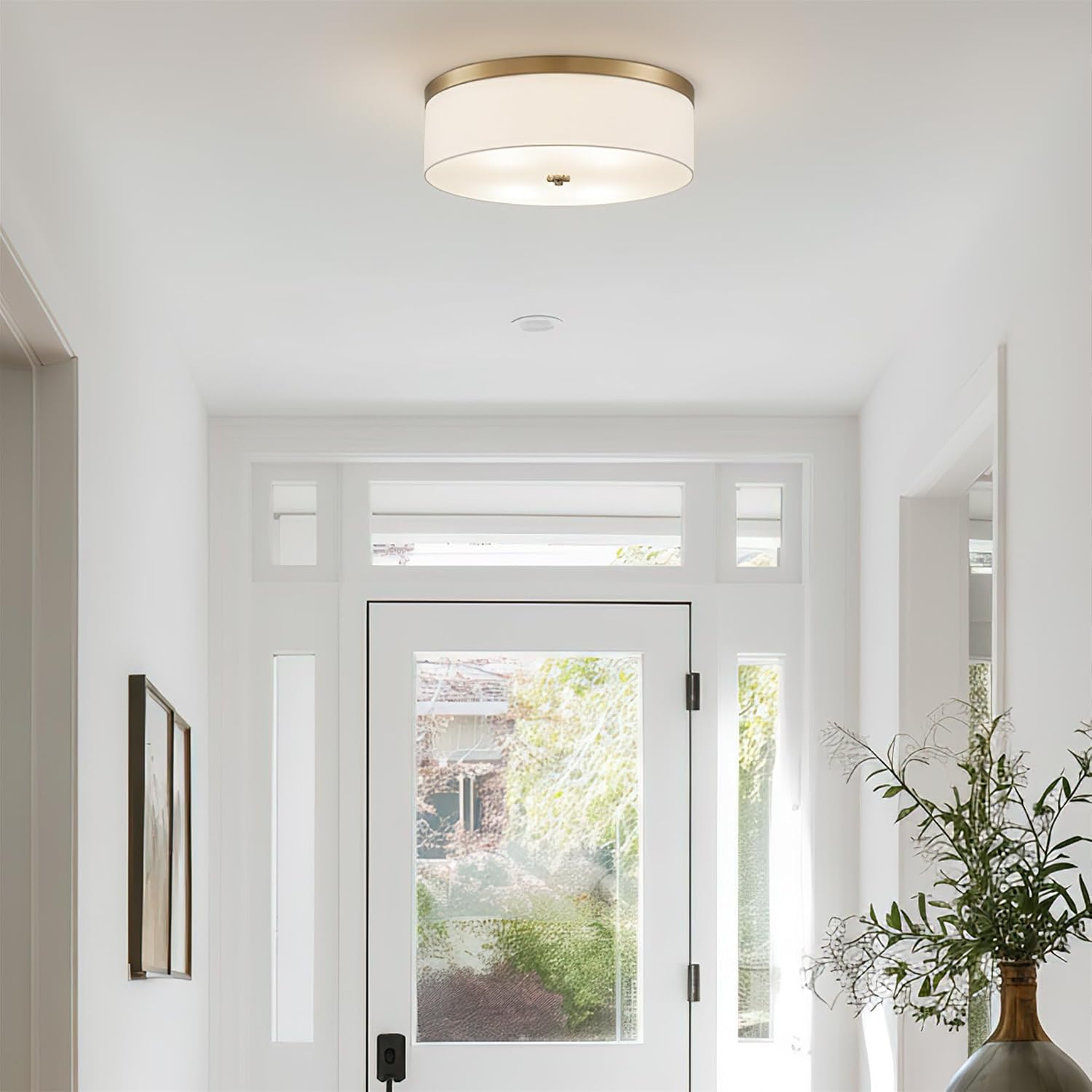 Kira Home Walker 20' Modern Drum Gold Flush Mount Ceiling Light, White Fabric Shade with Frosted Glass Diffuser, 3-Light Large Close to Ceiling Fixture, Cool Brass Finish