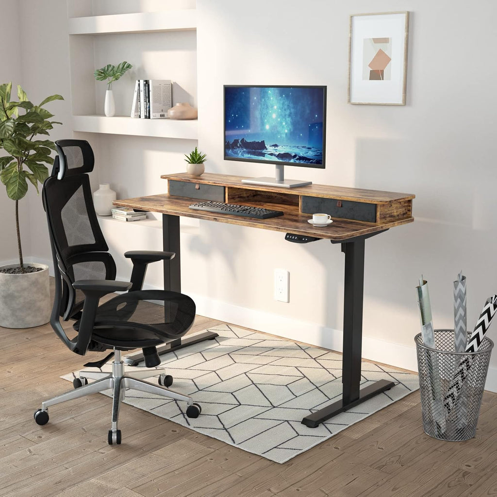 FEZIBO 55 x 24 Inch Whole-Piece Height Adjustable Standing Desk with Double Drawers, Sit Stand Desk, Stand Up Table (Send Two Packages), Rustic Brown Top