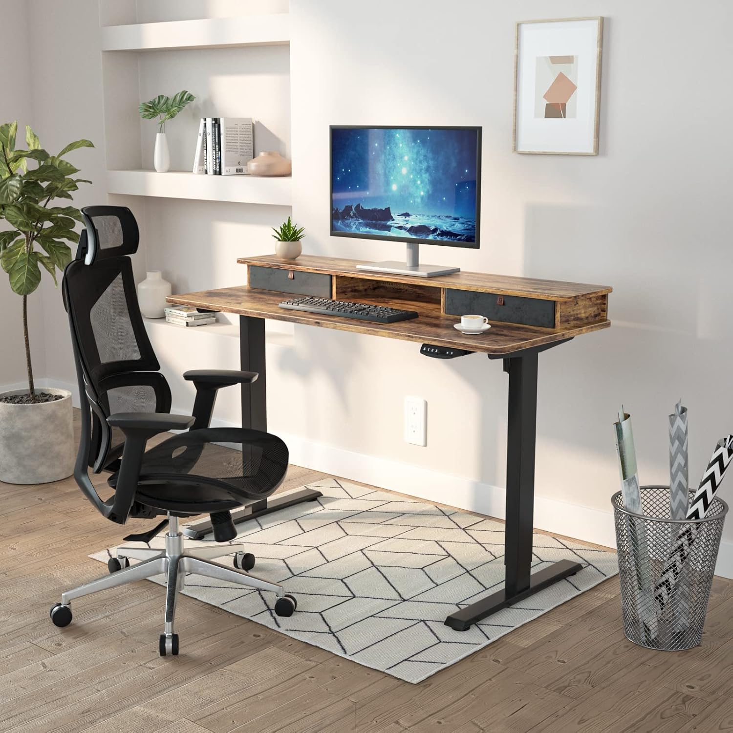 FEZIBO 55 x 24 Inch Whole-Piece Height Adjustable Standing Desk with Double Drawers, Sit Stand Desk, Stand Up Table (Send Two Packages), Rustic Brown Top