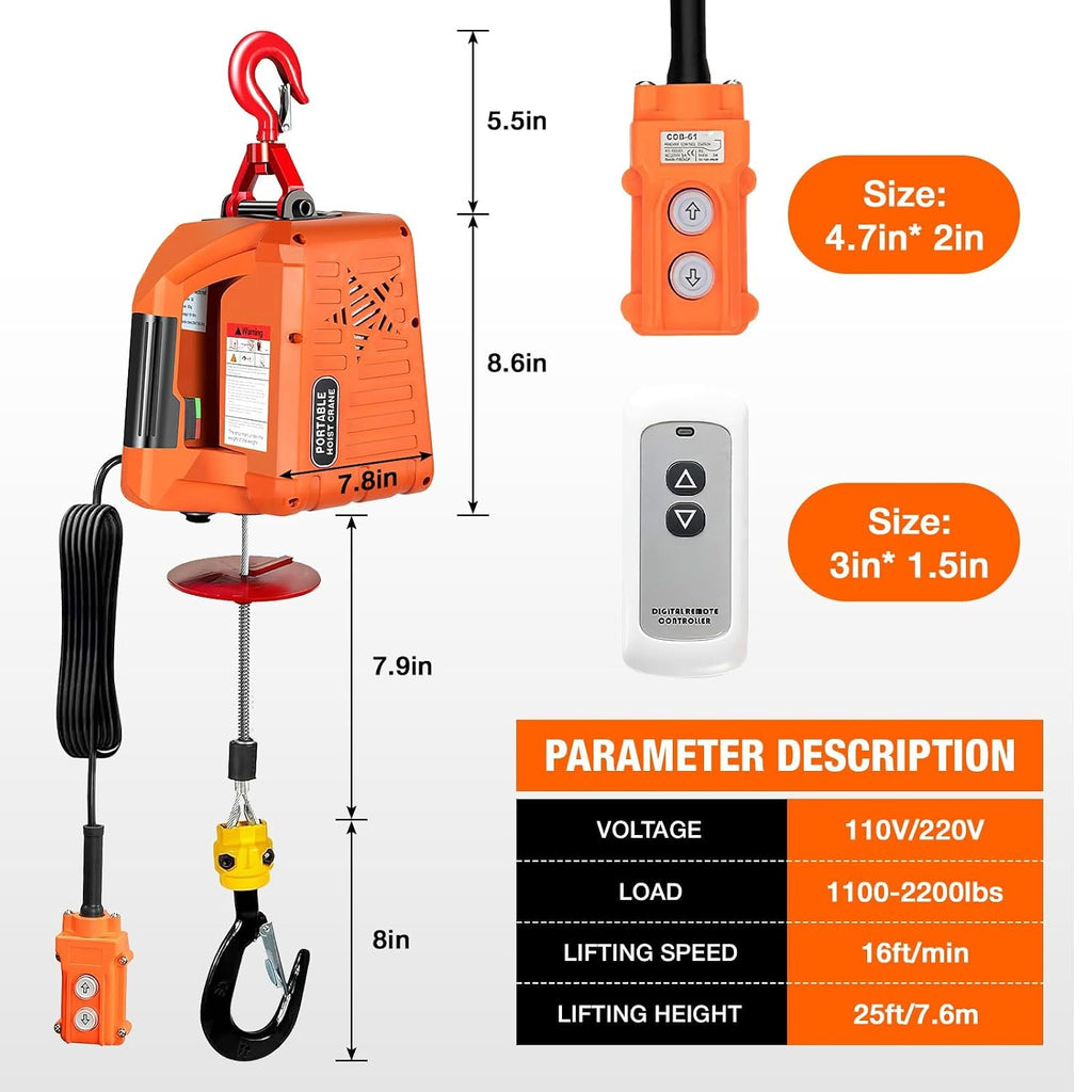 3 in 1 Electric Hoist Winch,2200 lbs Manual/Wired/Wireless Remote Control,110/120V Portable Pure Copp Electric Winch Crane, 25ft Lifting Garage Lifter for Garage, Factory, Warehouse, Balcony
