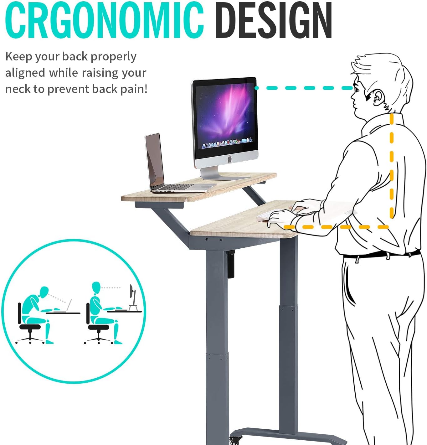 UNICOO Electric Height Adjustable 2-Tier Raising Desk with Wheels, Mobile Standing Desk with Monitor Stand, Ergonomic Adjustable Computer Table, Electric Standing Game Table for Home Office