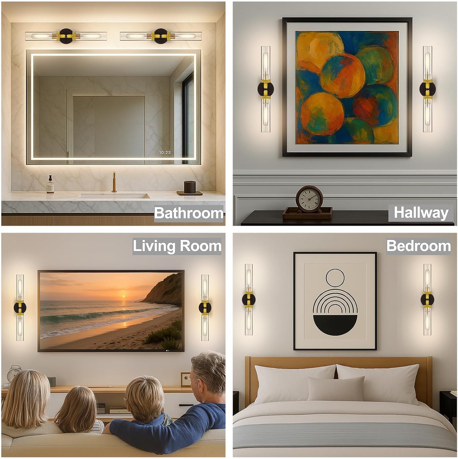 LaLuLa 2-Pack Hardwired Black and Gold Bathroom Vanity Light Fixtures – Modern 2-Light Wall Sconces with Knurled Texture and Clear Glass Shades, Bathroom Lighting Fixtures Over Mirror, 25 Inch