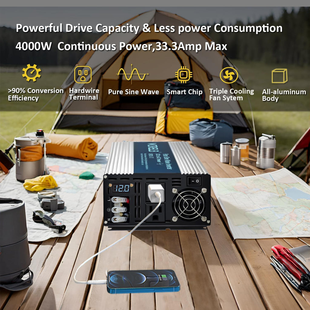 WZRELB 4000W Pure Sine Wave Inverter 12V DC to 110V 120V AC with LED Display,Remote Controller,Off-Grid Power Converter 8000W Surge with Dual AC Outlets, Hardwire Terminal for Home, RV, Truck, Camping