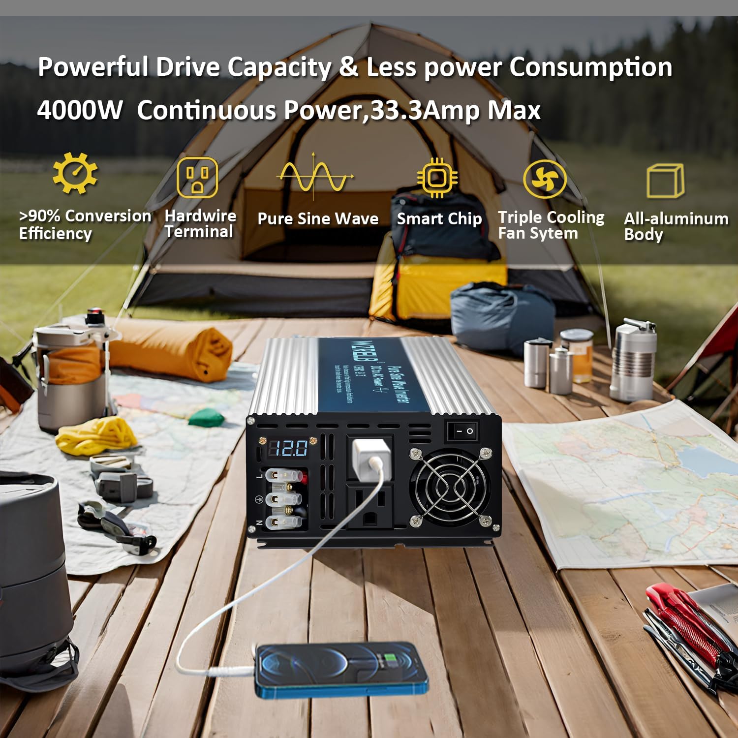 WZRELB 4000W Pure Sine Wave Inverter 12V DC to 110V 120V AC with LED Display,Remote Controller,Off-Grid Power Converter 8000W Surge with Dual AC Outlets, Hardwire Terminal for Home, RV, Truck, Camping
