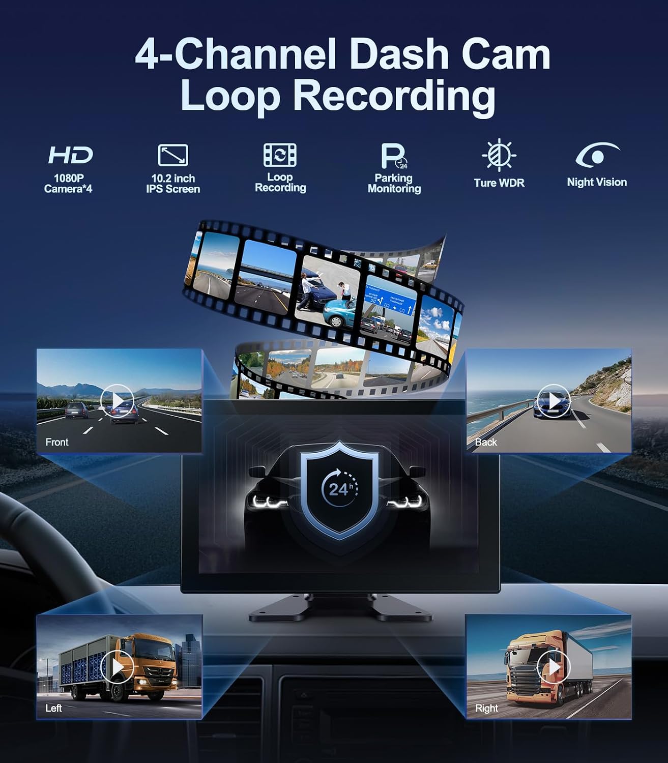 4-Channel 1080p Backup Camera Dash Cam with 10.2'' Screen, DVR Recording Back Up Cam for RV/Truck/Trailer/Van/SUV/Cars, Quad Split Parking Monitor with Playback/Bluetooth/FM Radio/Music/Video Player