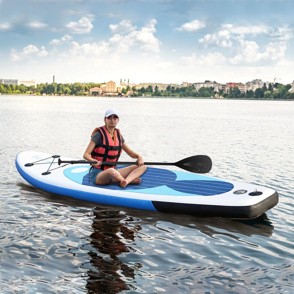 Inflatable Paddle Board for Adults, Camouflage Print Adult Paddleboard, Single Layer PVC Paddle Board with Carry Bag, Hand Pump, Retractable Propeller, Removable Fin Blue