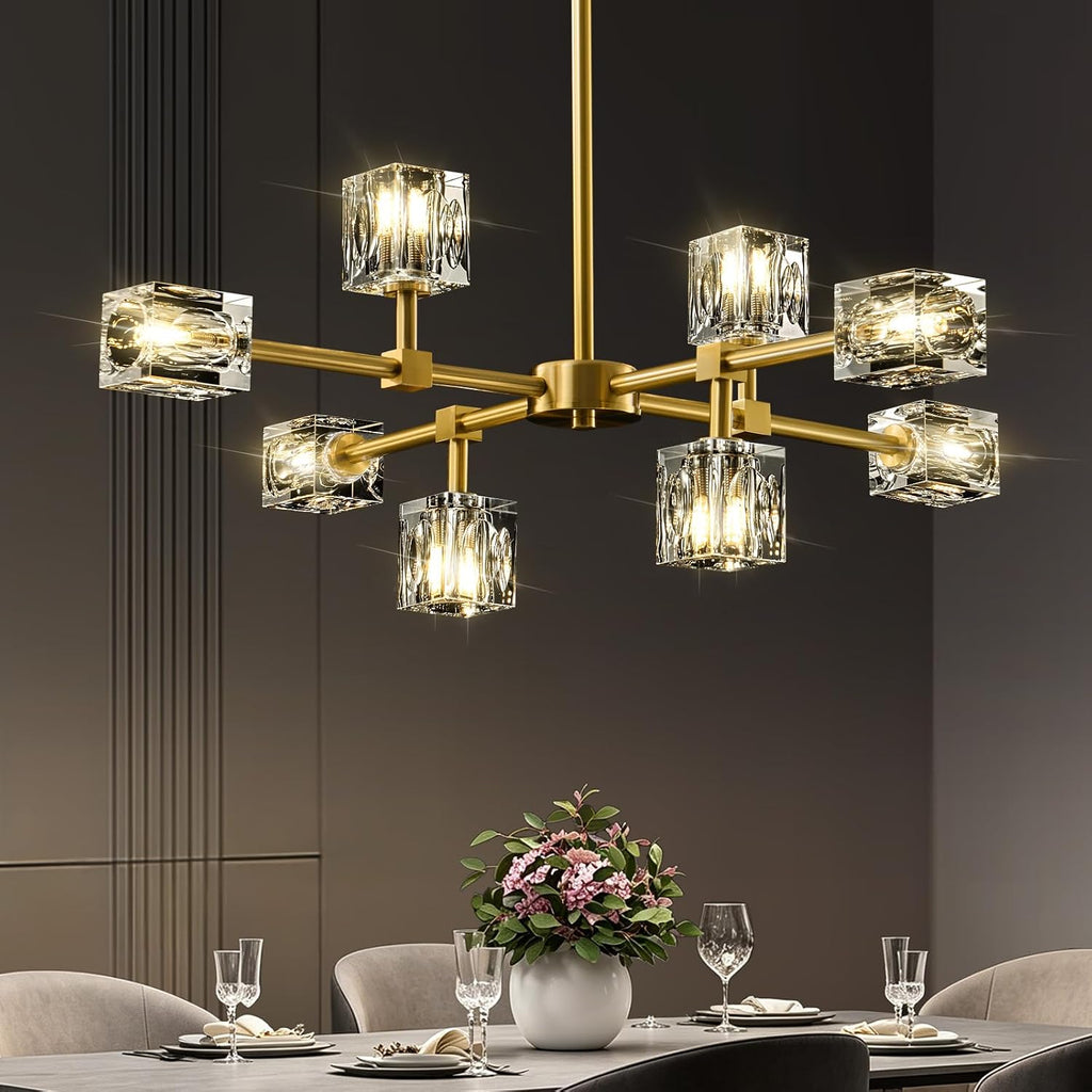 Modern Sputnik Crystal Kitchen Chandelier - Luxury Elegant 8 Light Gold Brushed Brass Chandeliers - Adjustable Height Pendant Lighting Ceiling Fixture for Dining Room Living Room Island Table Bedroom