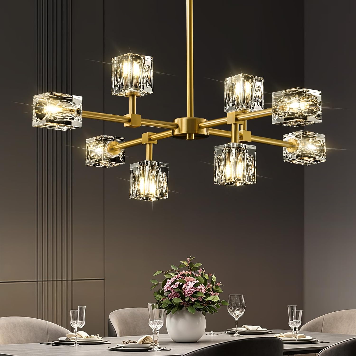 Modern Sputnik Crystal Kitchen Chandelier - Luxury Elegant 8 Light Gold Brushed Brass Chandeliers - Adjustable Height Pendant Lighting Ceiling Fixture for Dining Room Living Room Island Table Bedroom
