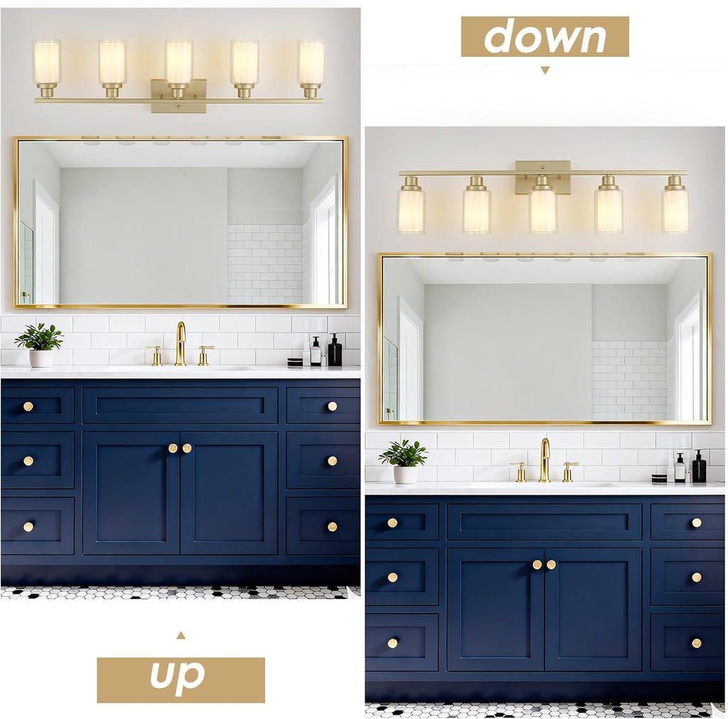 Jonsi Bathroom Vanity Light 5-Light Gold Vanity Lights 40' Bathroom Light Fixtures Over Mirror with Double Clear Glass Modern Wall Sconces for Living Room Hallway Bedroom