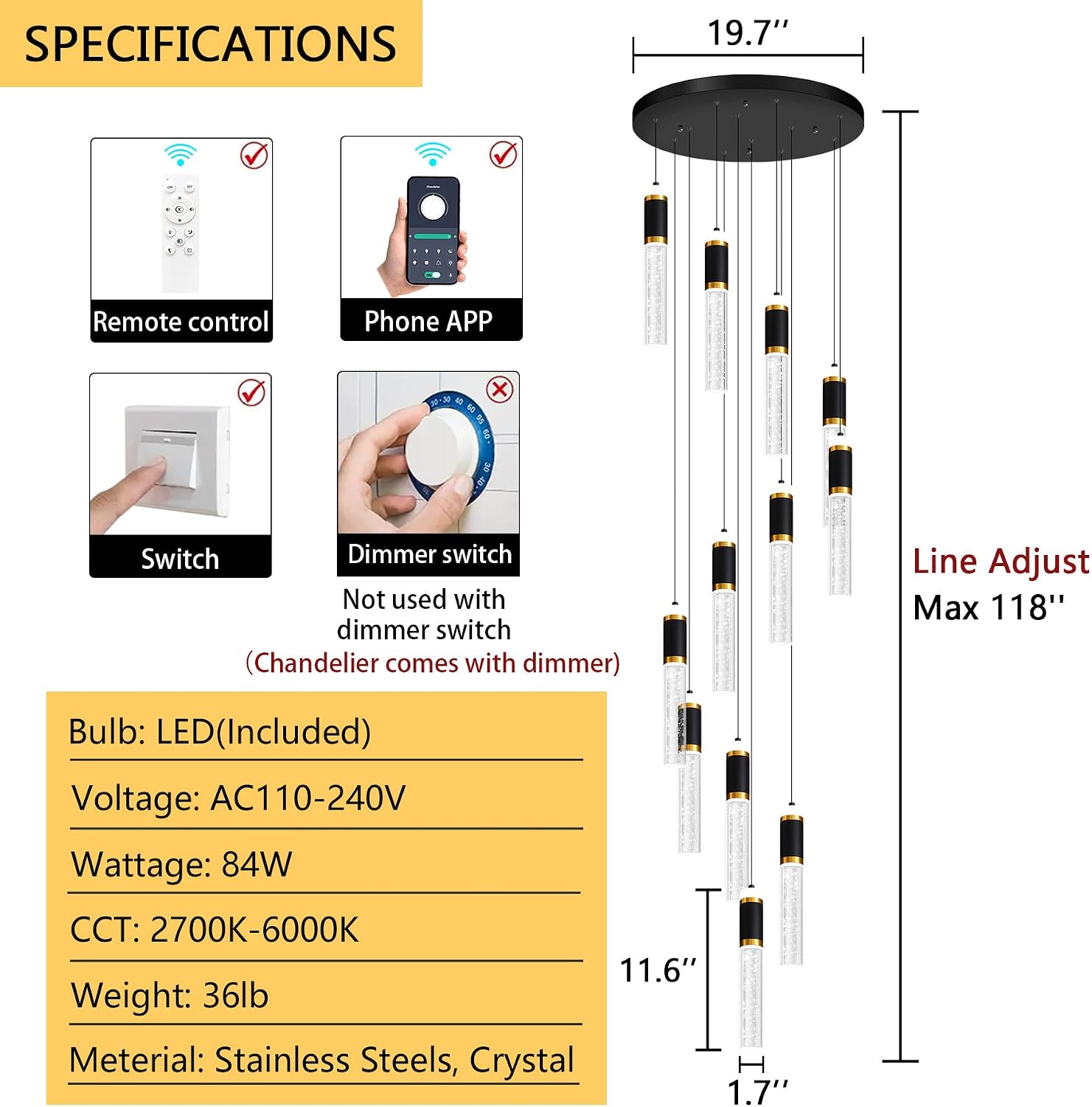12-Lights Modern Crystal Chandelier for Staircase High Ceiling Chandeliers Large Spiral Bubble Pendant Lighting Hanging Light Fixture Flush Mount for Foyer Entryway