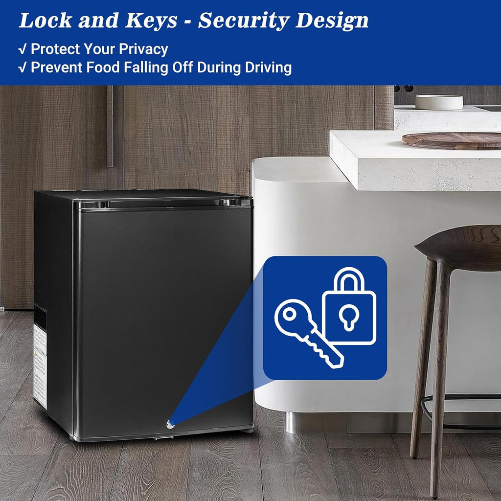 Smad Locking Mini Fridge, No Noise 110V/12V Compact Refrigerator 2 Ways RV Truck Caravan Beverage Car Mini Fridge with Lock, Reversible Door, 1.7 Cu.Ft, Black