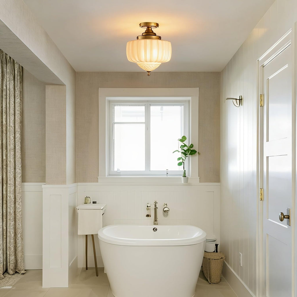 CLAXY Gold Kitchen Ceiling Light Ribbed Milk Glass Ceiling Light Fixture | Modern Semi-flush Mount Schoolhouse Ceiling Light E26 Dimmable Indoor Light for Bathroom Hallway Bedroom Closet Garage