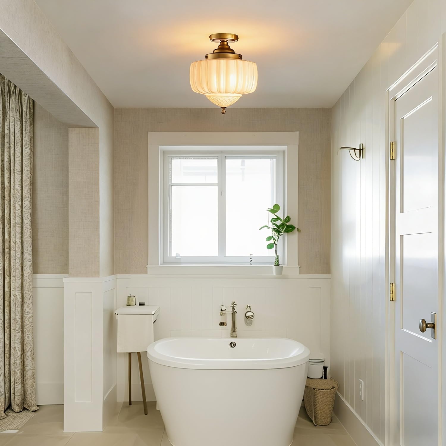 CLAXY Gold Kitchen Ceiling Light Ribbed Milk Glass Ceiling Light Fixture | Modern Semi-flush Mount Schoolhouse Ceiling Light E26 Dimmable Indoor Light for Bathroom Hallway Bedroom Closet Garage