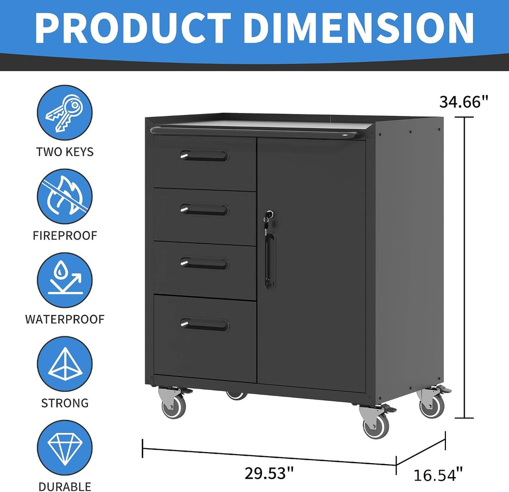 Metal Storage Cabinet with Wheels, Garage Storage Cabinet with 1 Door and 4 Drawer, Rolling Tool Cabinet, Assembly Required, Black