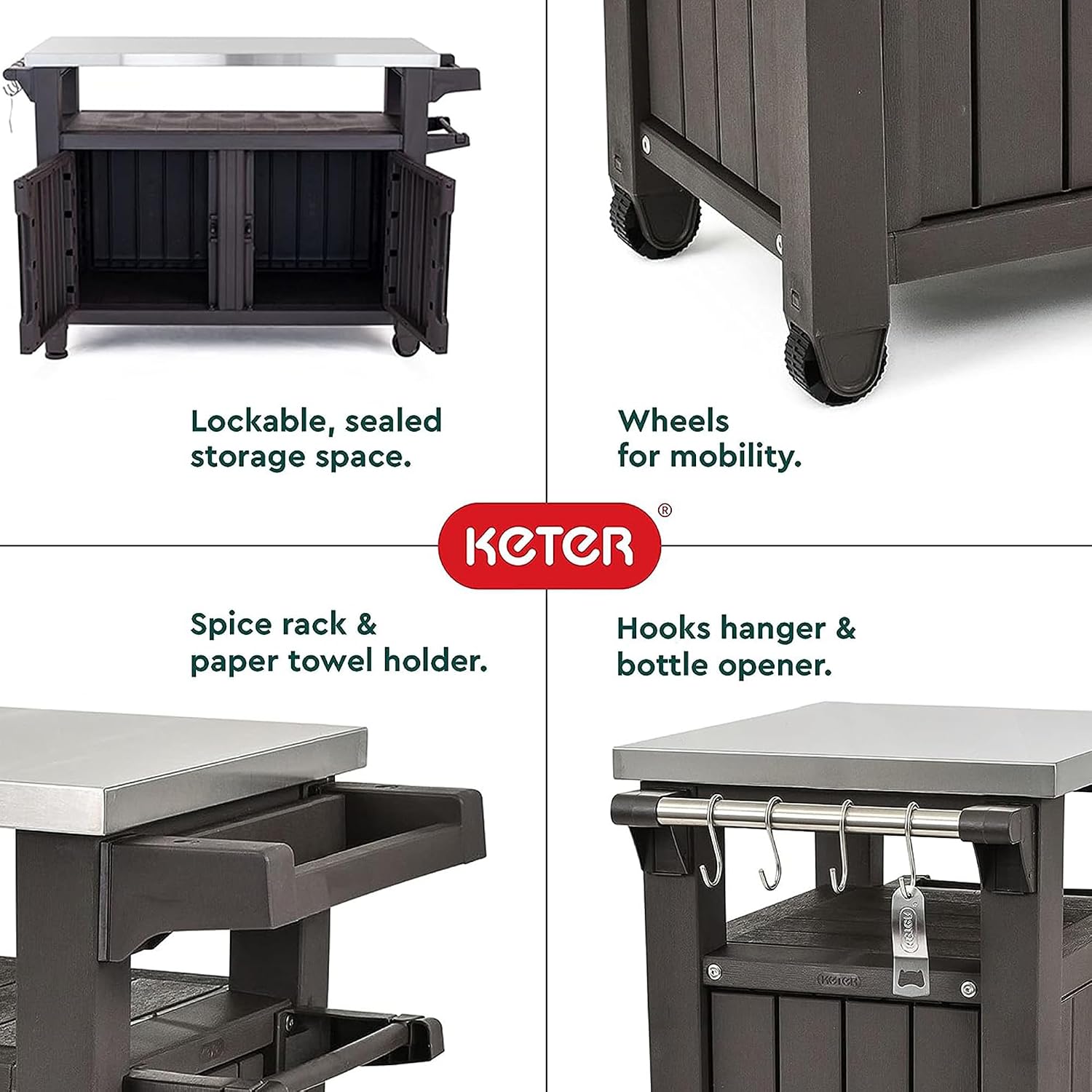 Keter Unity XL Outdoor Kitchen Rolling Bar Cart, Storage Cabinet Bundled with Westwood 150 Gallon Plastic Outdoor Furniture Storage Deck Box, Espresso